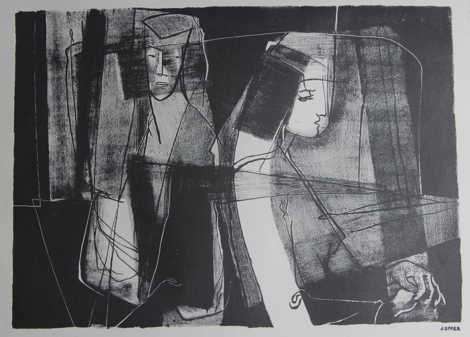Monochrome Modernist Figures<br>1940-50s Stone Lithograph<br><br>#38936