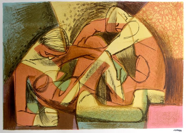 Colorful Seated Figures <br>1940-50s Stone Lithograph <br><br>#38939