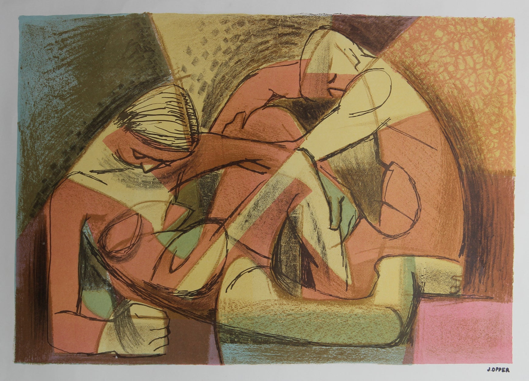 Warm Modernist Figures<br>1940-50s Stone Lithograph<br><br>#38941