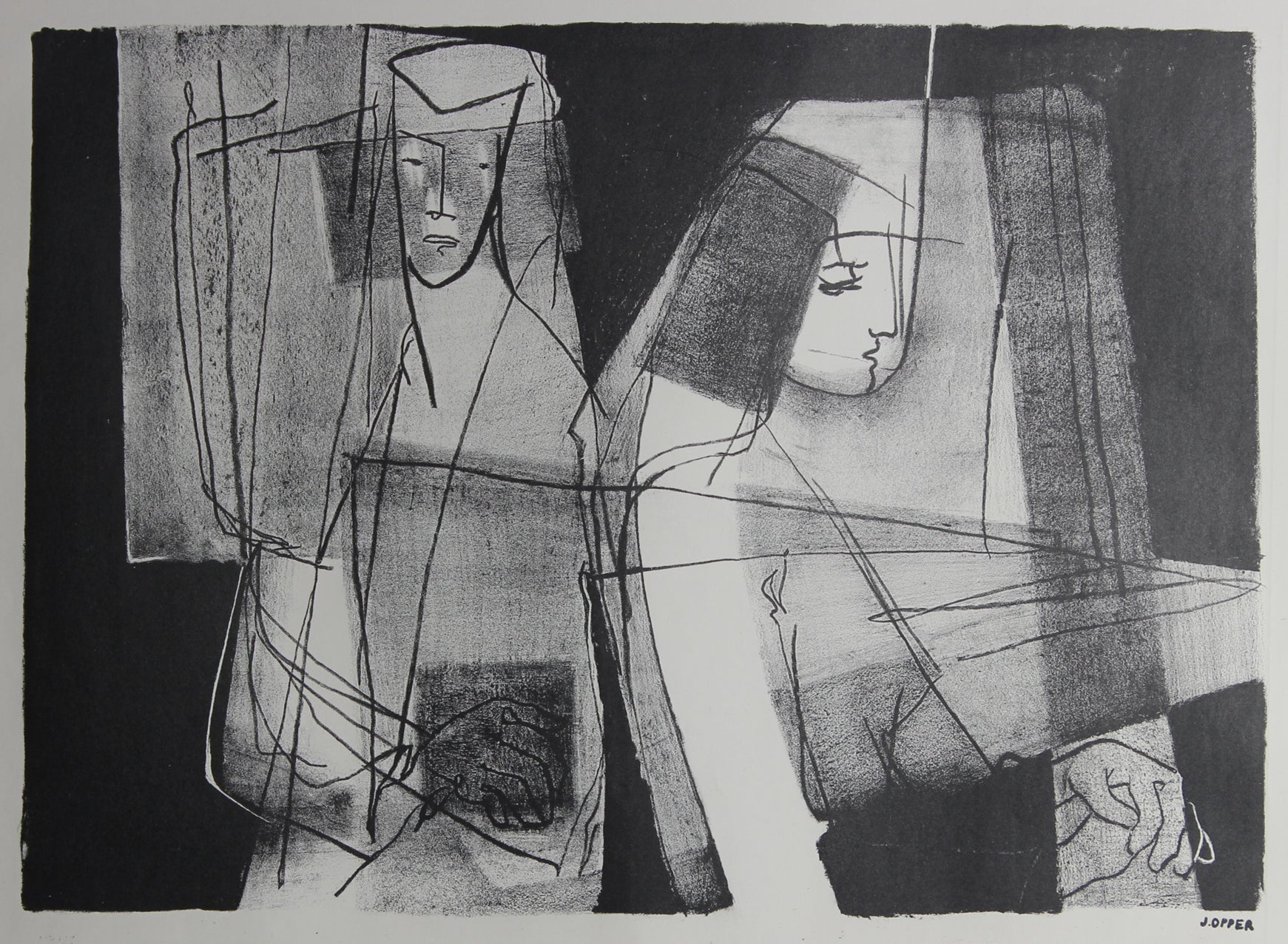 Monochromatic Modernist Figures<br>1940-50s Stone Lithograph<br><br>#38945