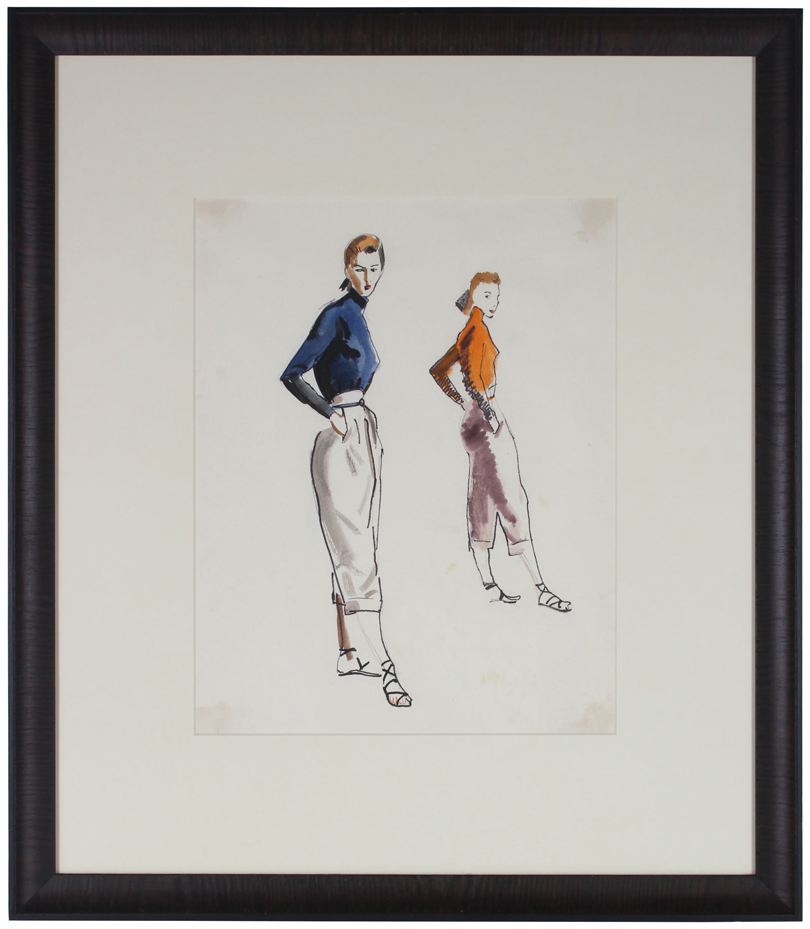 Orange & Blue Fashion Pair<br>Watercolor, 1940-50<br><br>#3597