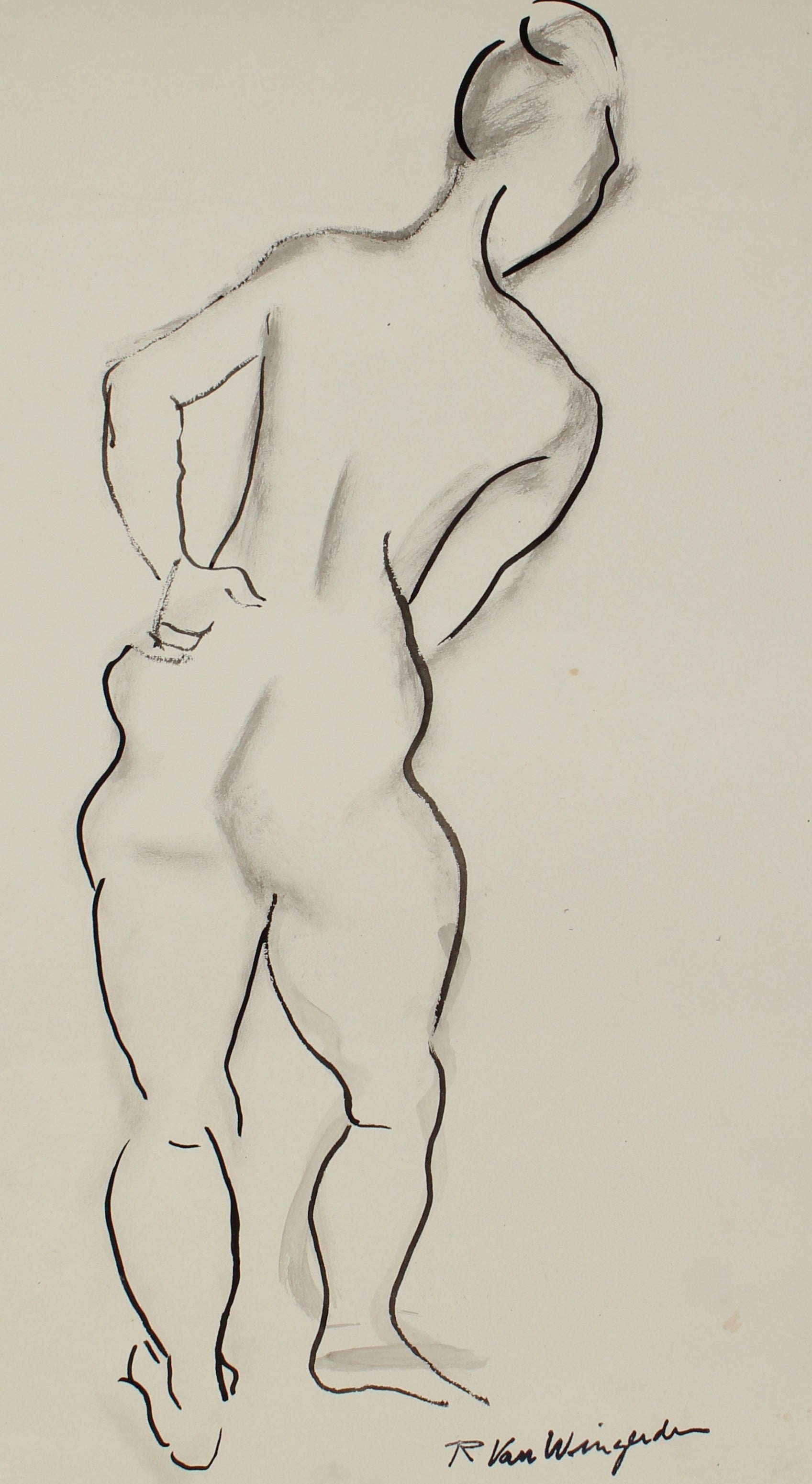 Expressionist Standing Female Nude<br>1940-60s Ink<br><br>#3951