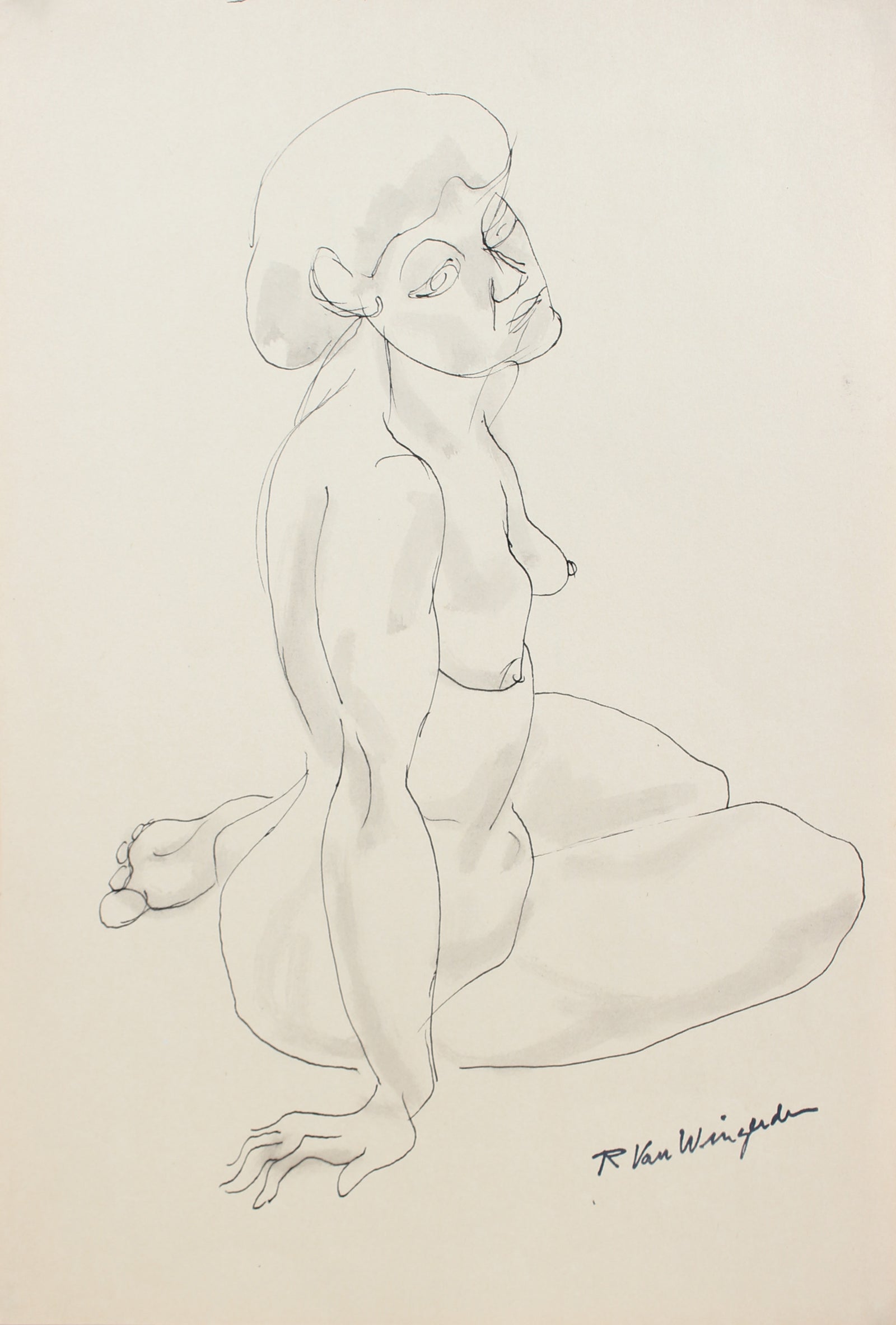 Expressionist Seated Female Nude<br>1940s-50s Ink<br><br>#3954