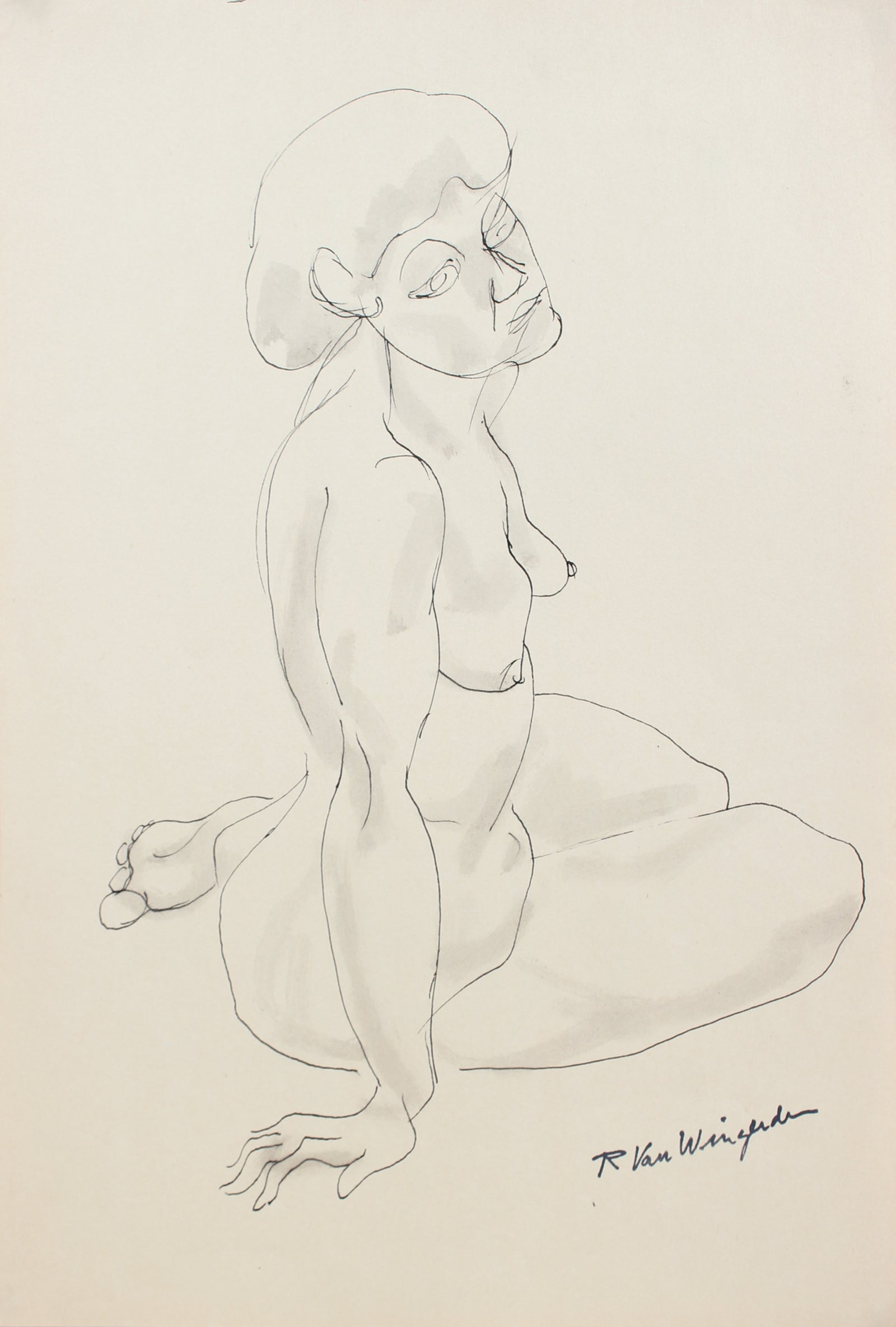 Expressionist Seated Female Nude<br>1940s-50s Ink<br><br>#3954