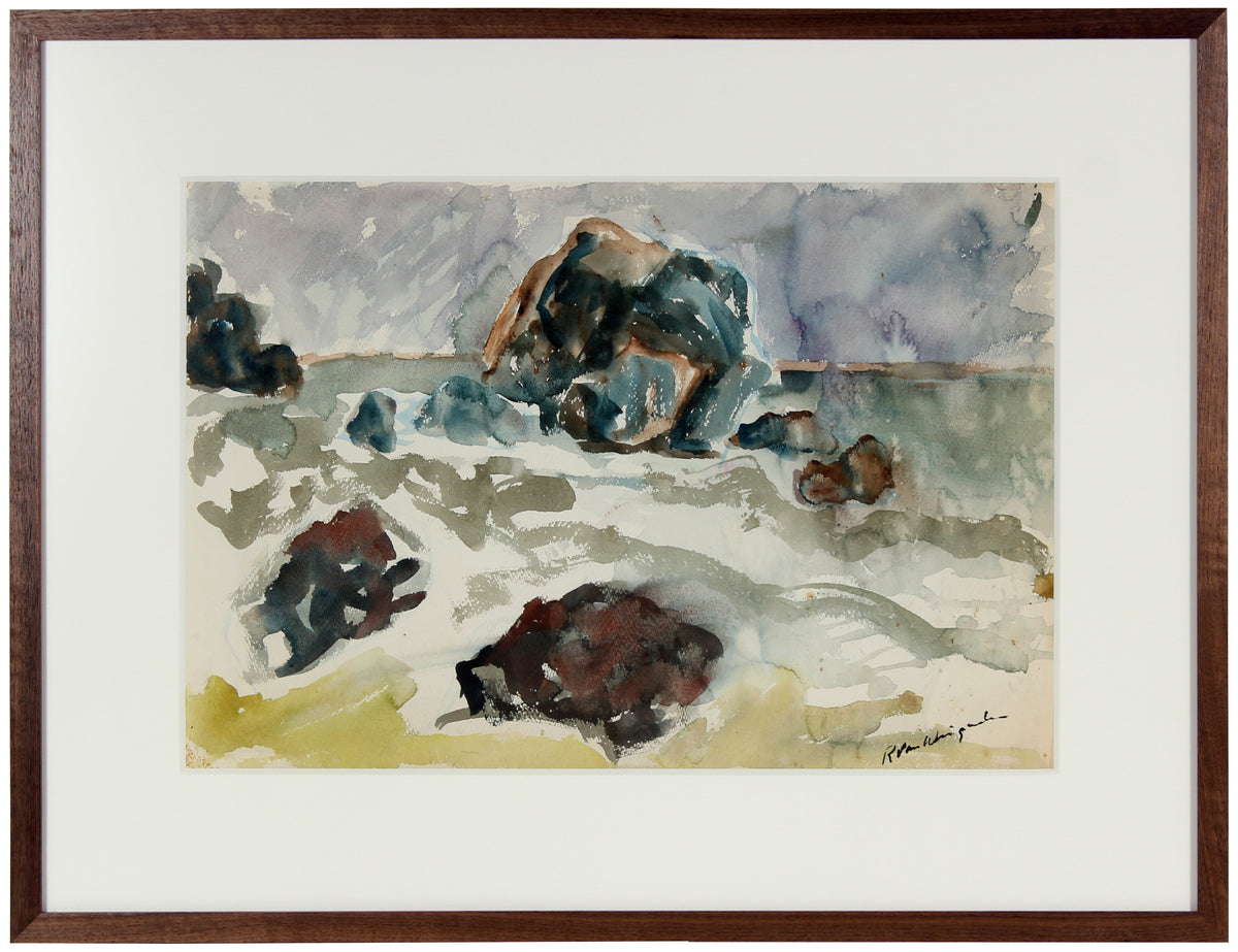 Expressionist Coastal Scene&lt;br&gt;1950-60s Watercolor&lt;br&gt;&lt;br&gt;#4618