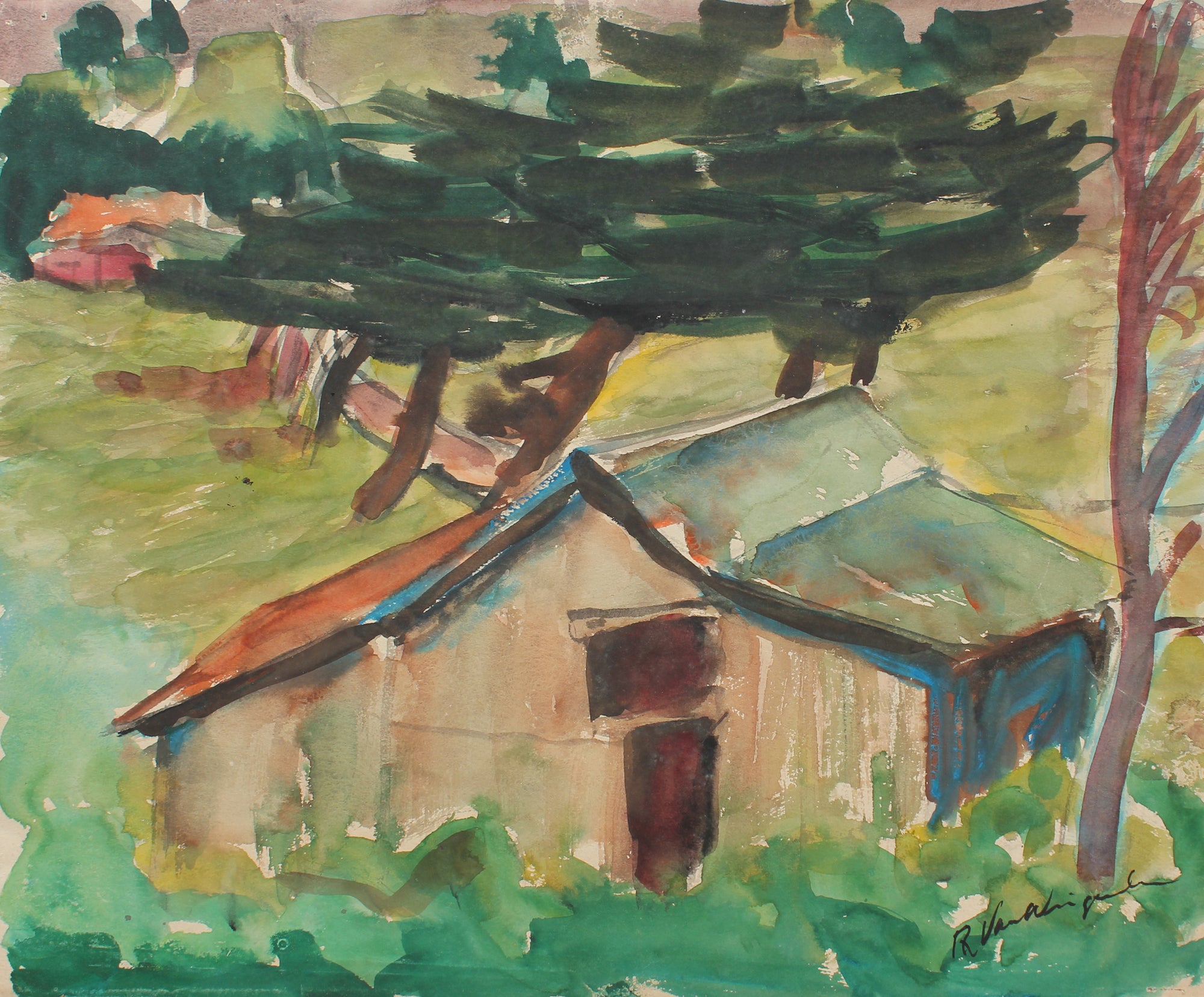 Expressionist California Landscape with Barn<br> Mid 20th Century Watercolor and Ink<br><br>#A3990