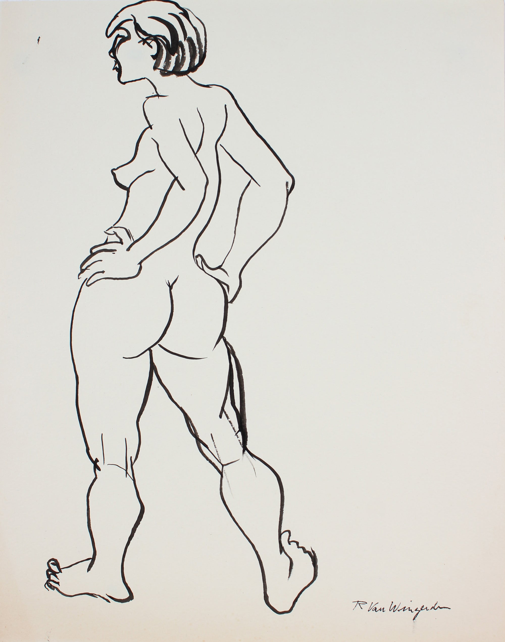 Expressionist Standing Female Nude<br>1940s-50s Ink<br><br>#3991