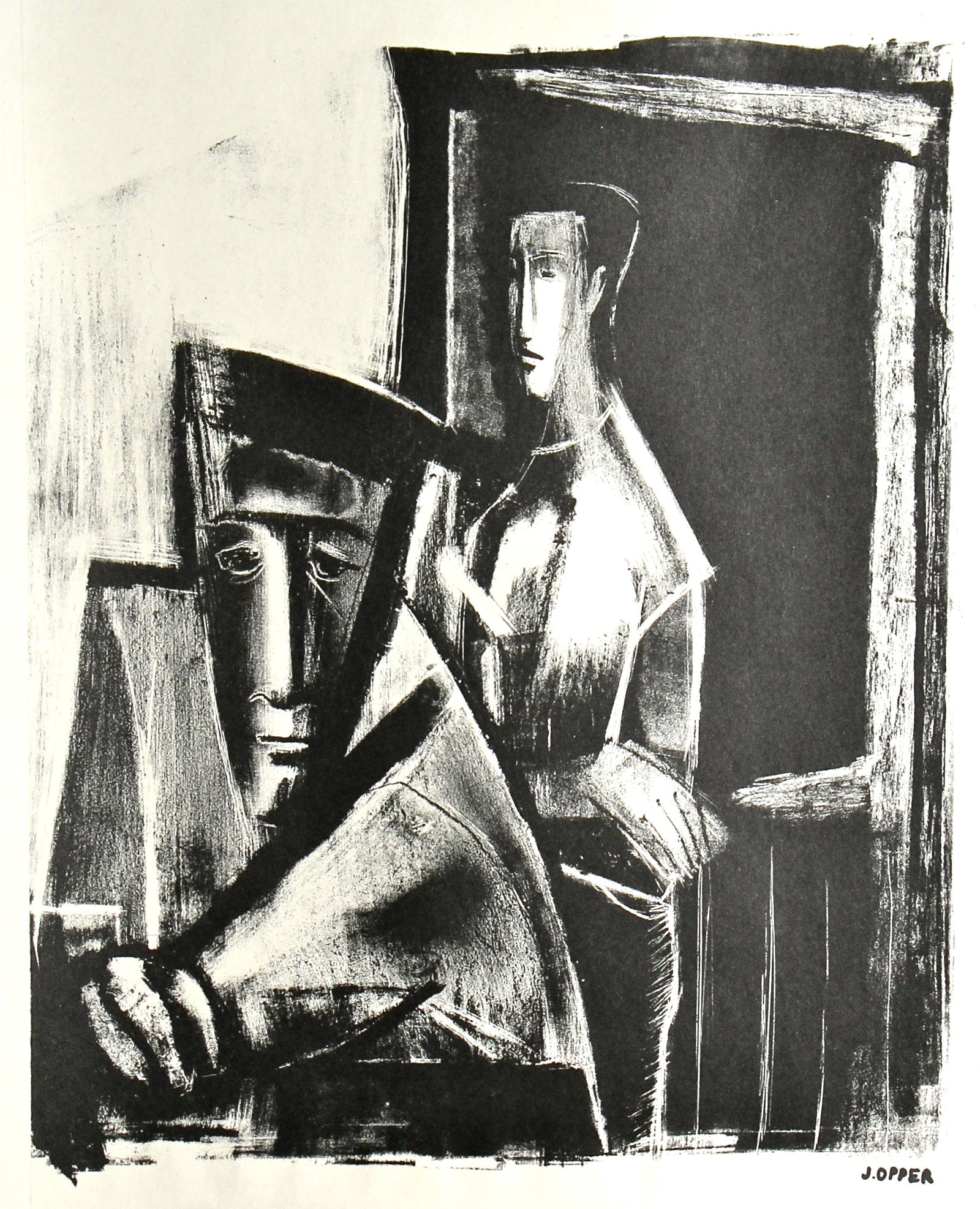 Interior Scene with Couple<br>1940-50s Stone Lithograph<br><br>#40219