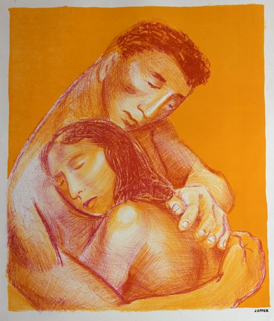 Warm Embrace <br>1940-50s Stone Lithograph <br><br>#40225