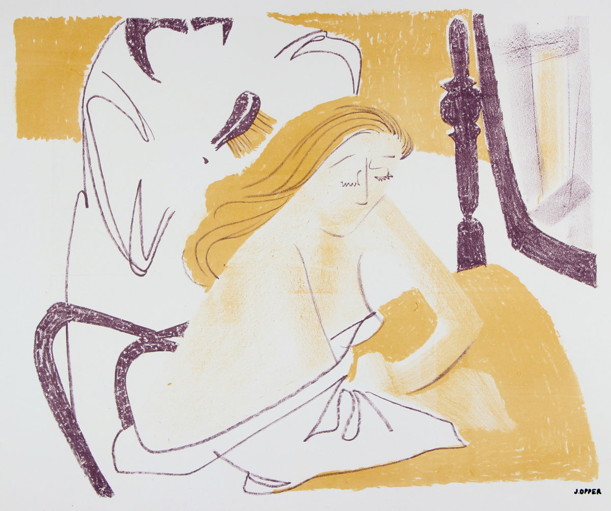 Woman Having her Hair Brushed in Yellow &lt;br&gt;1940-50s Stone Lithograph &lt;br&gt;&lt;br&gt;#40462