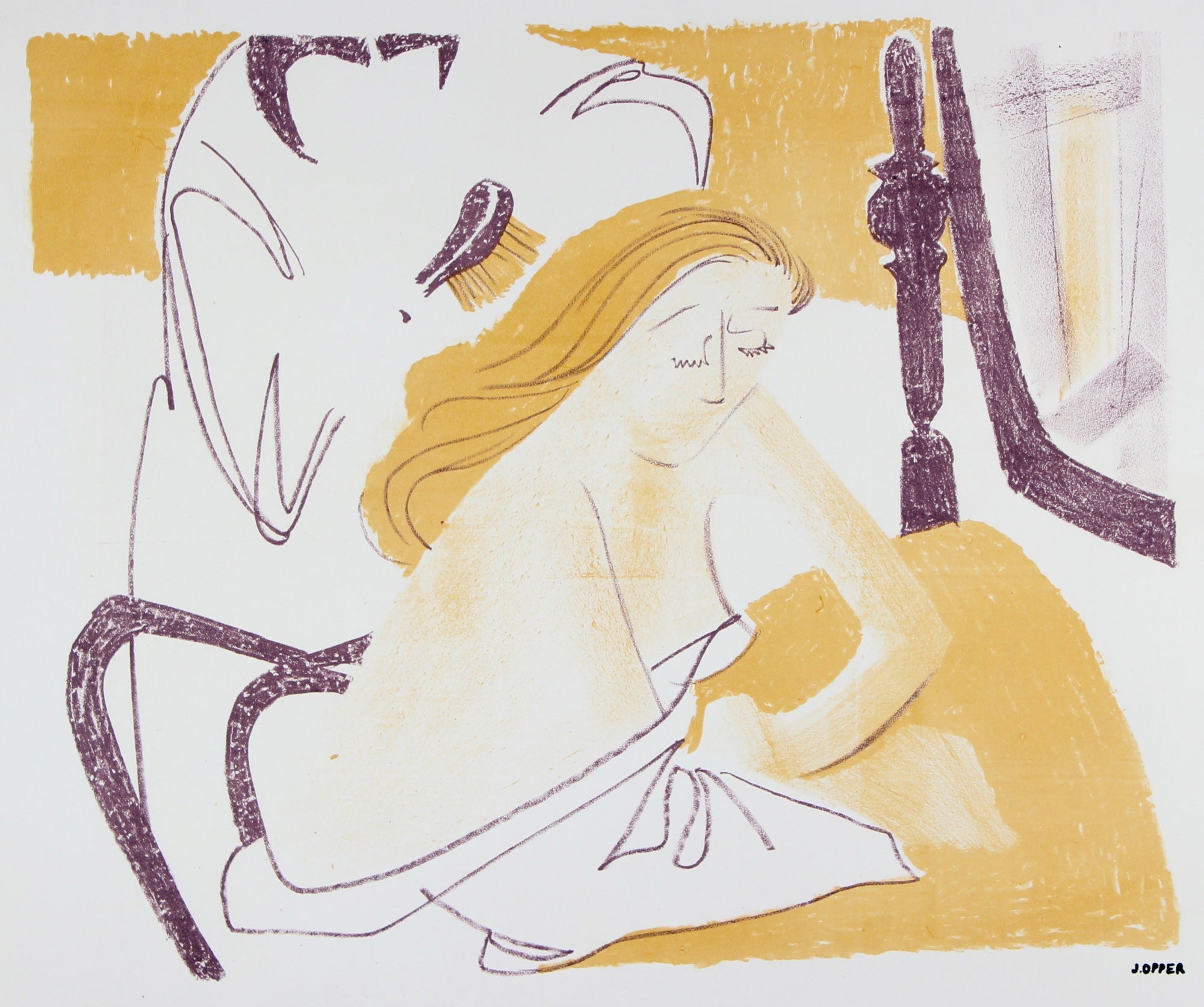 Woman Having her Hair Brushed in Yellow <br>1940-50s Stone Lithograph <br><br>#40462