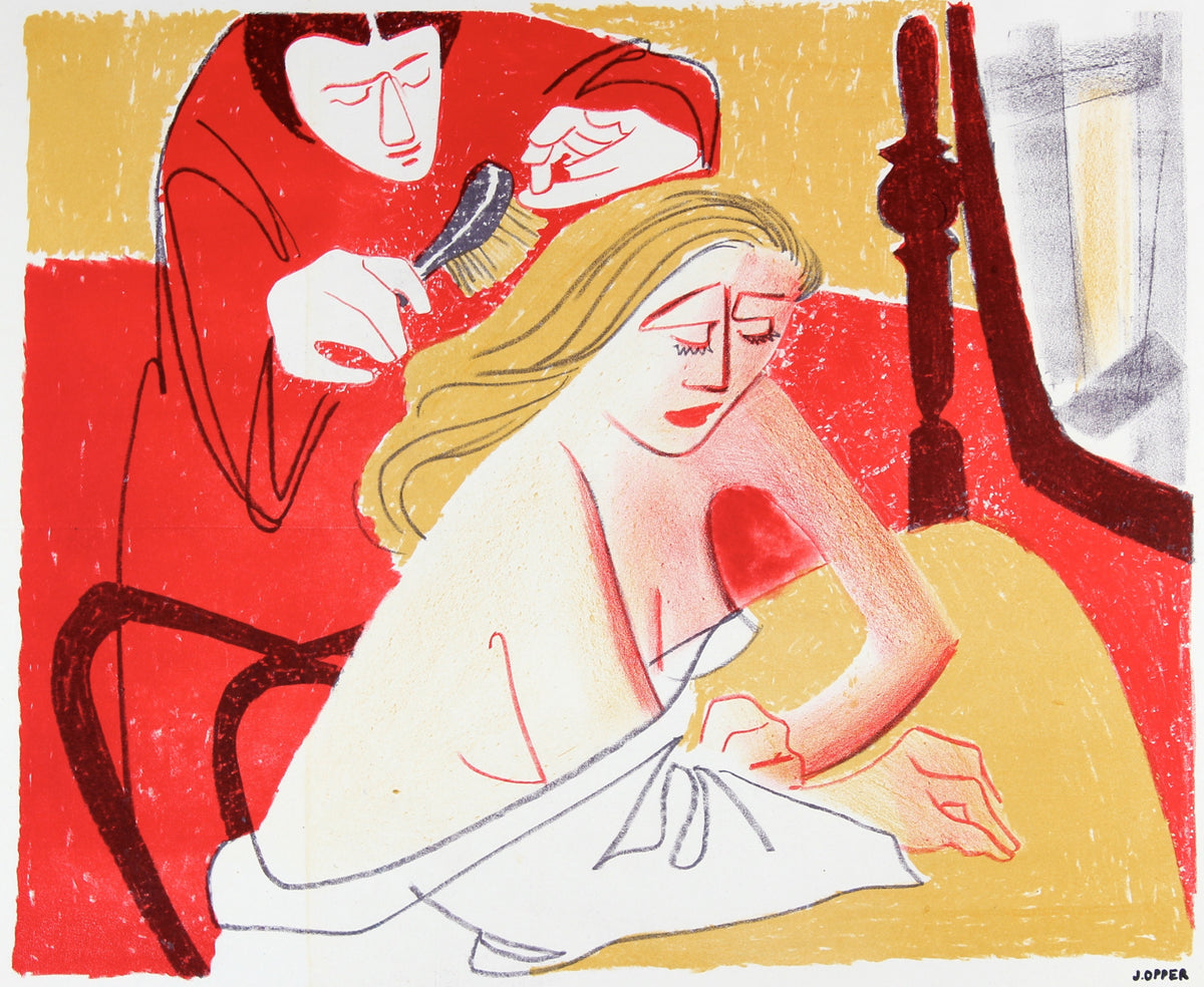 Bedroom Boudoir Scene<br>1940-50s Stone Lithograph<br><br>#40469