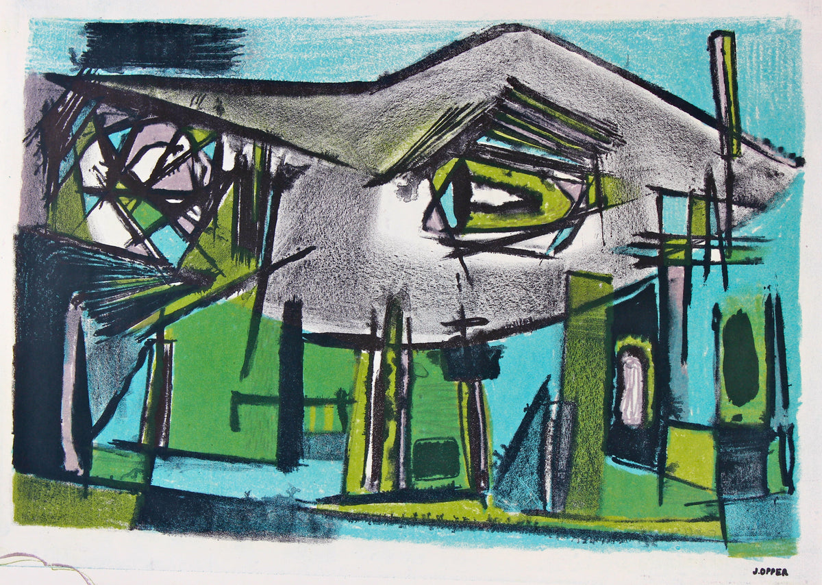 Hillside Abstraction in Blue &amp; Green&lt;br&gt;1940-50s Stone Lithograph&lt;br&gt;&lt;br&gt;#40685