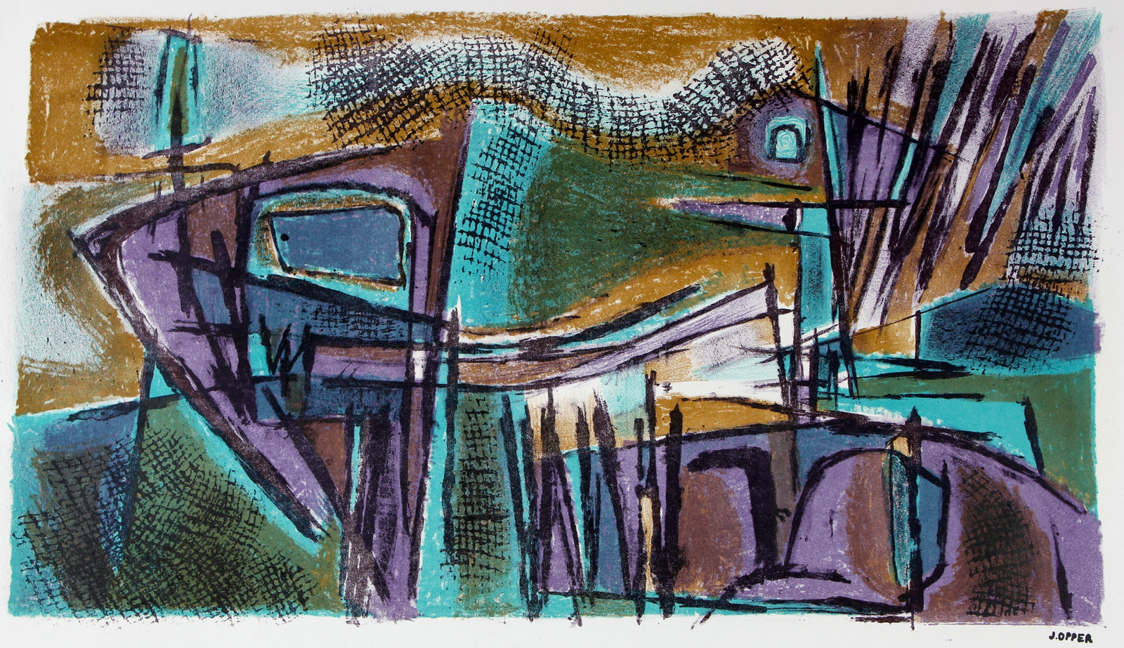 Jewel-Toned Modernist Abstract<br>1940-50s Stone Lithograph<br><br>#40691