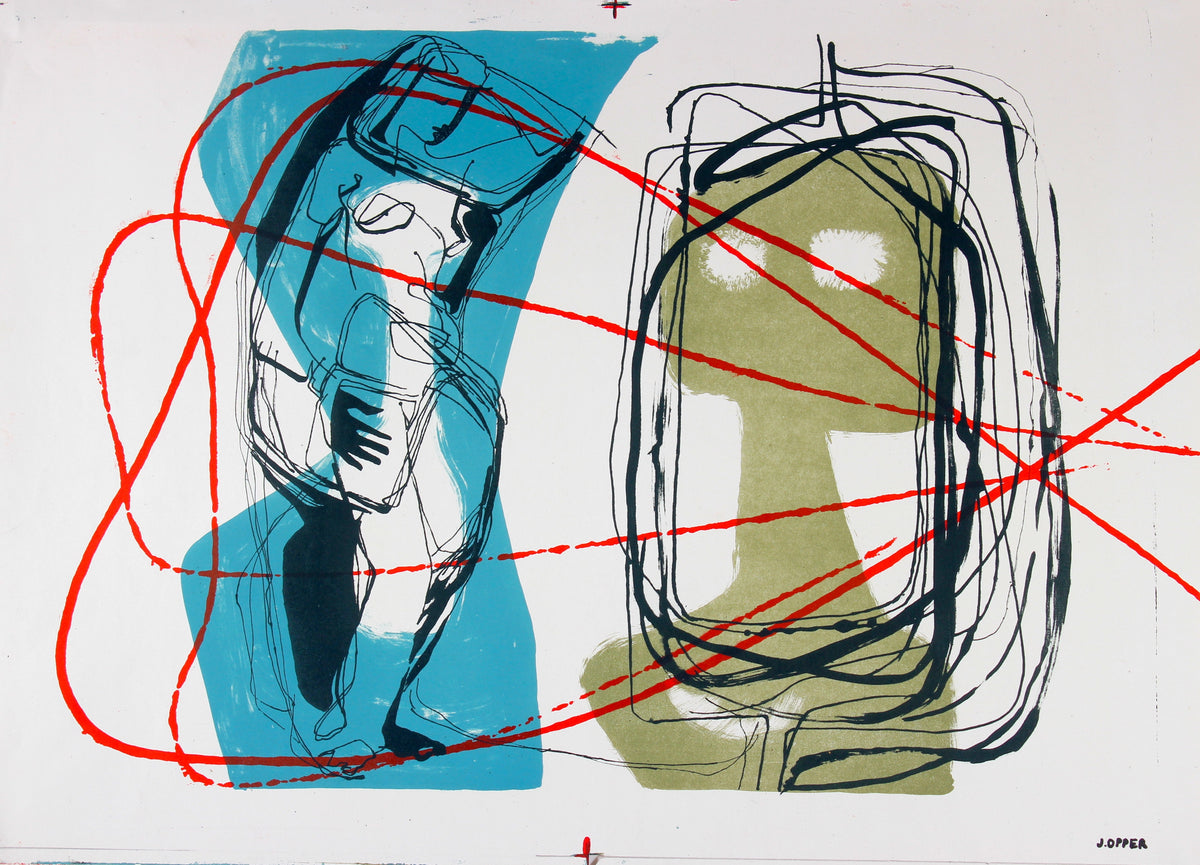 Teal & Olive Duo<br>1940-50s Stone Lithograph<br><br>#40693