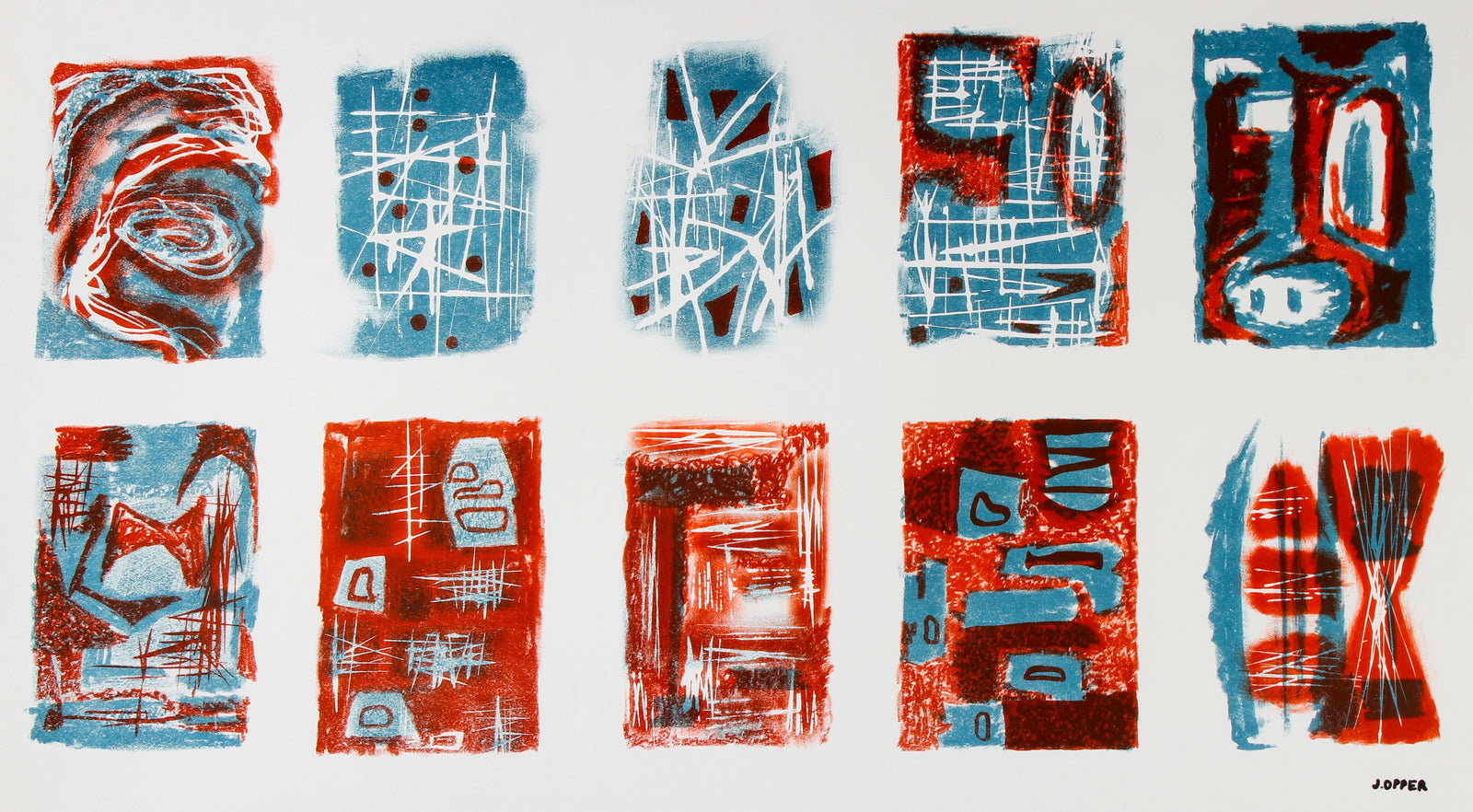 Red & Teal Vignettes<br>1940-50s Stone Lithograph<br><br>#40696