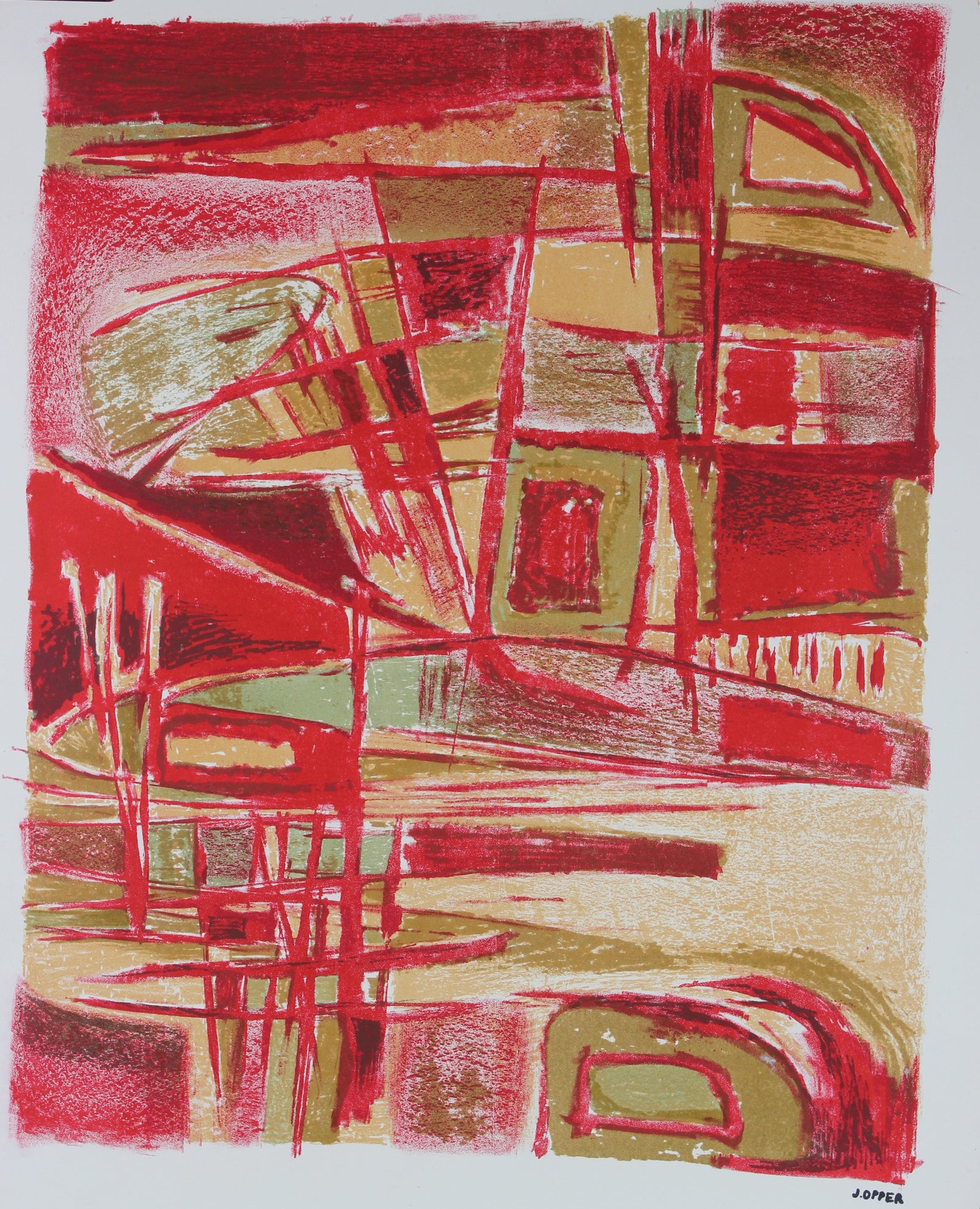 Red-Toned Geometric Abstract<br>1940-50s Stone Lithograph<br><br>#40702