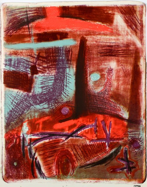 Bright Red Modernist Abstract <br>1940-50s Stone Lithograph <br><br>#40723