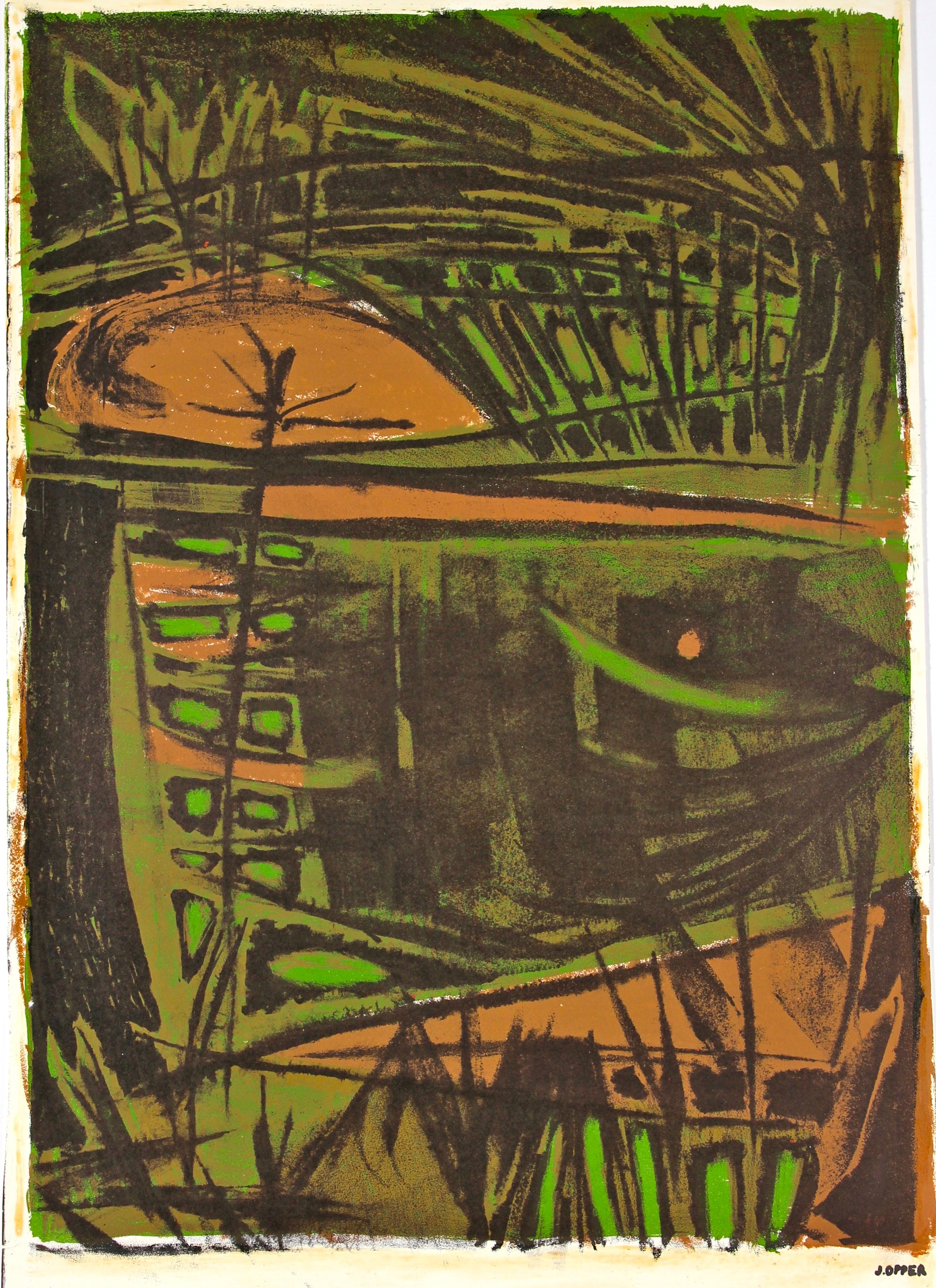 Green and Orange Modernist Abstract <br>1940-50s Lithograph <br><br>#40776