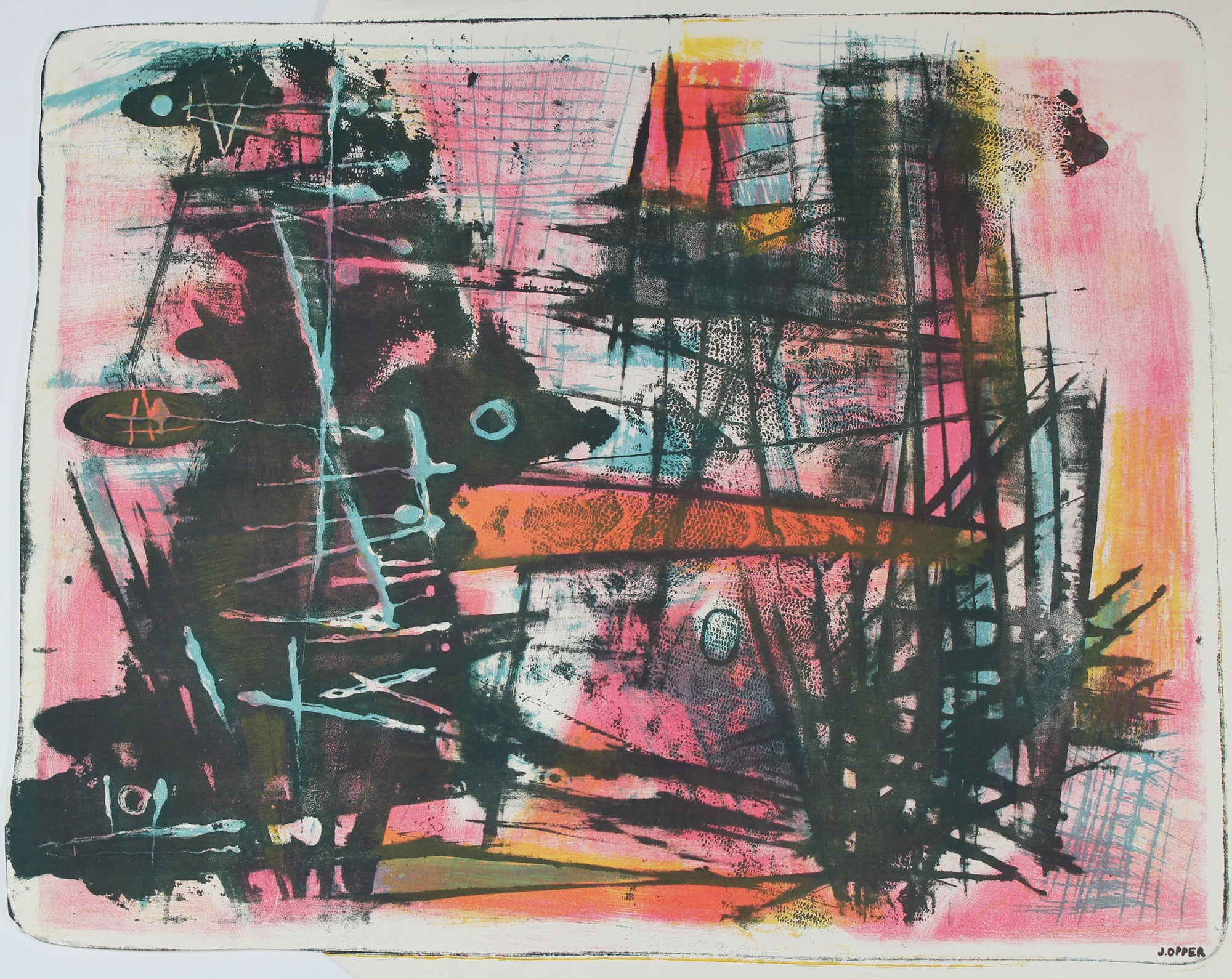 Bold Neon Abstract<br>1940-50s Stone Lithograph<br><br>#40789