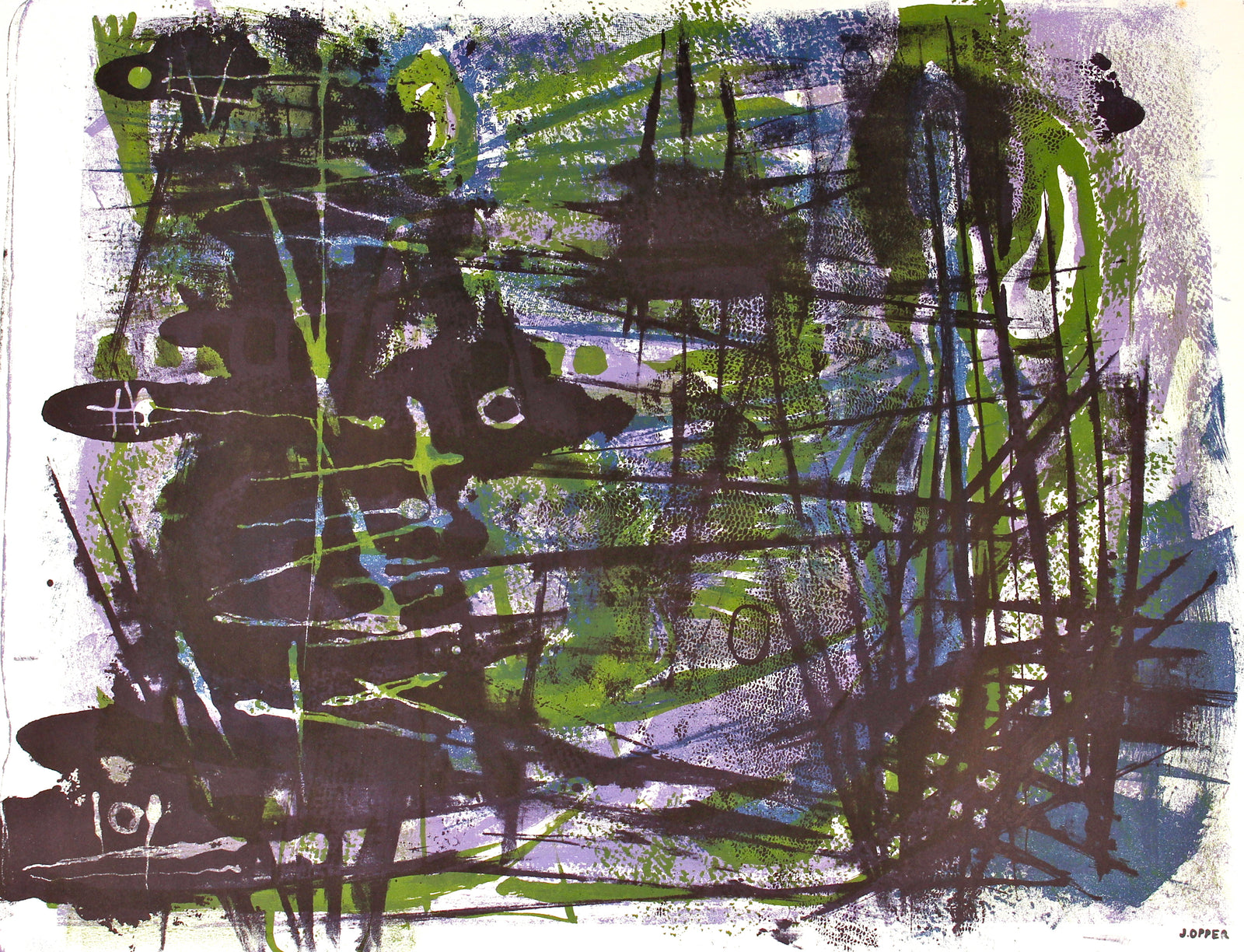 Nighttime Abstract <br>1940-50s Stone Lithograph <br><br>#40792