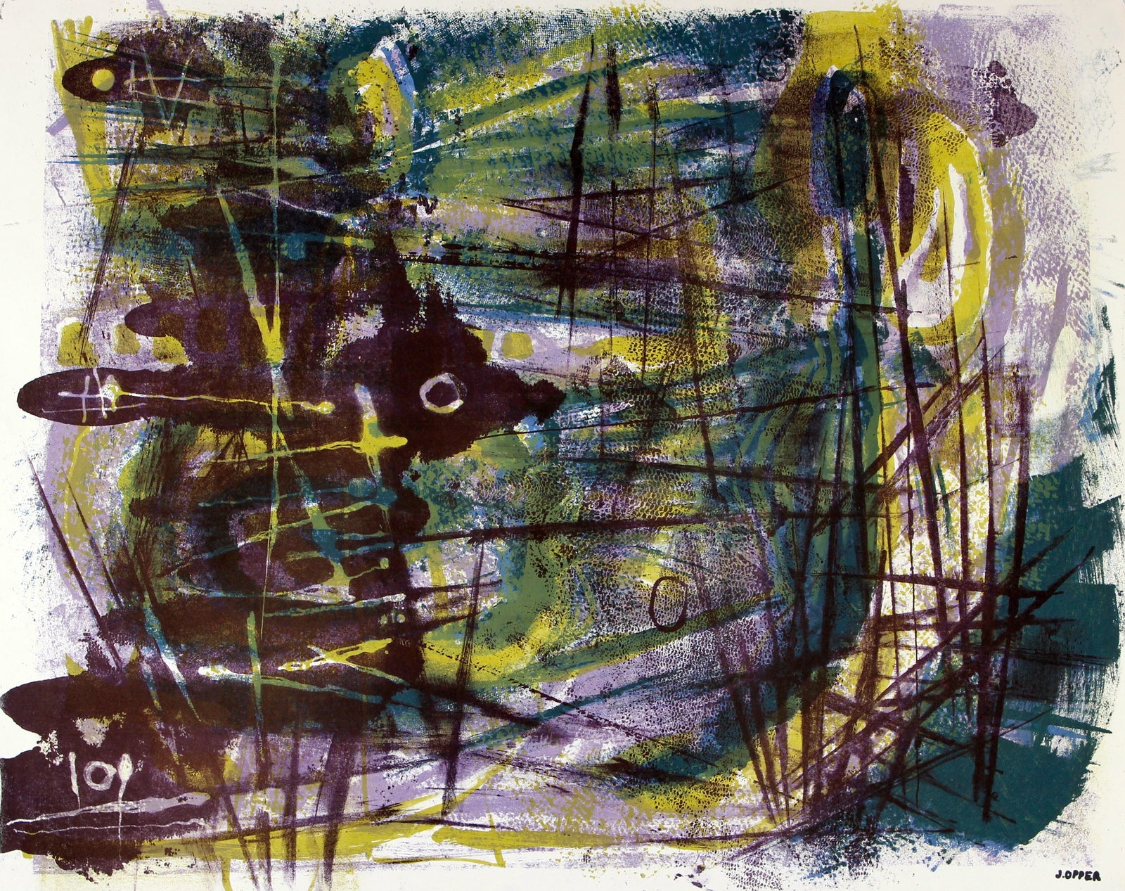 Purple and Yellow Modernist Abstract <br>1940-50s Lithograph <br><br>#40793