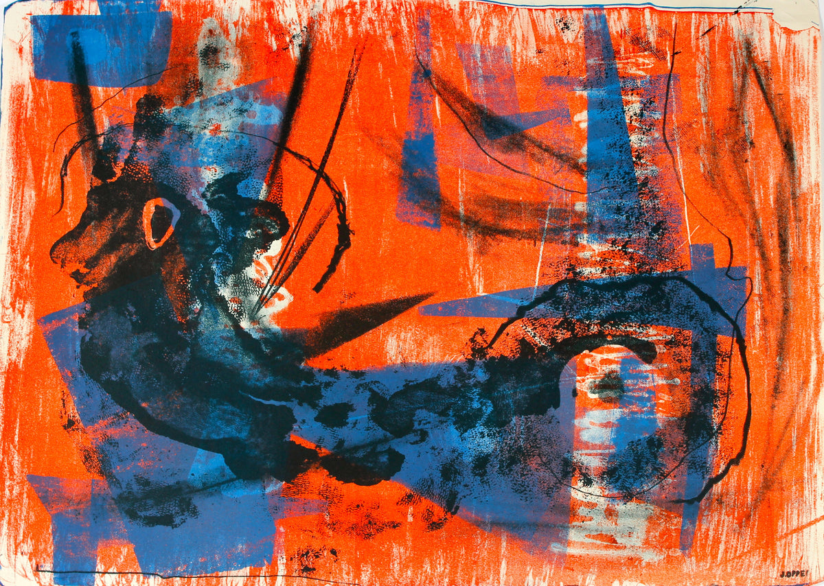 Mid Century Modernist Lithograph Abstract in Blue &amp; Orange&lt;br&gt;&lt;br&gt;#40795