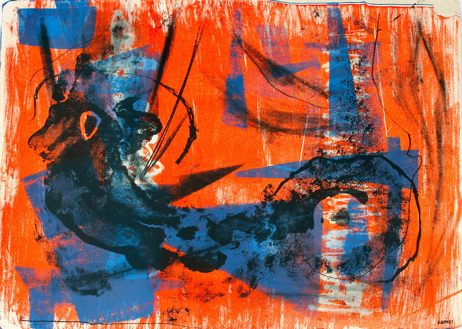 Mid Century Modernist Lithograph Abstract in Blue & Orange<br><br>#40795