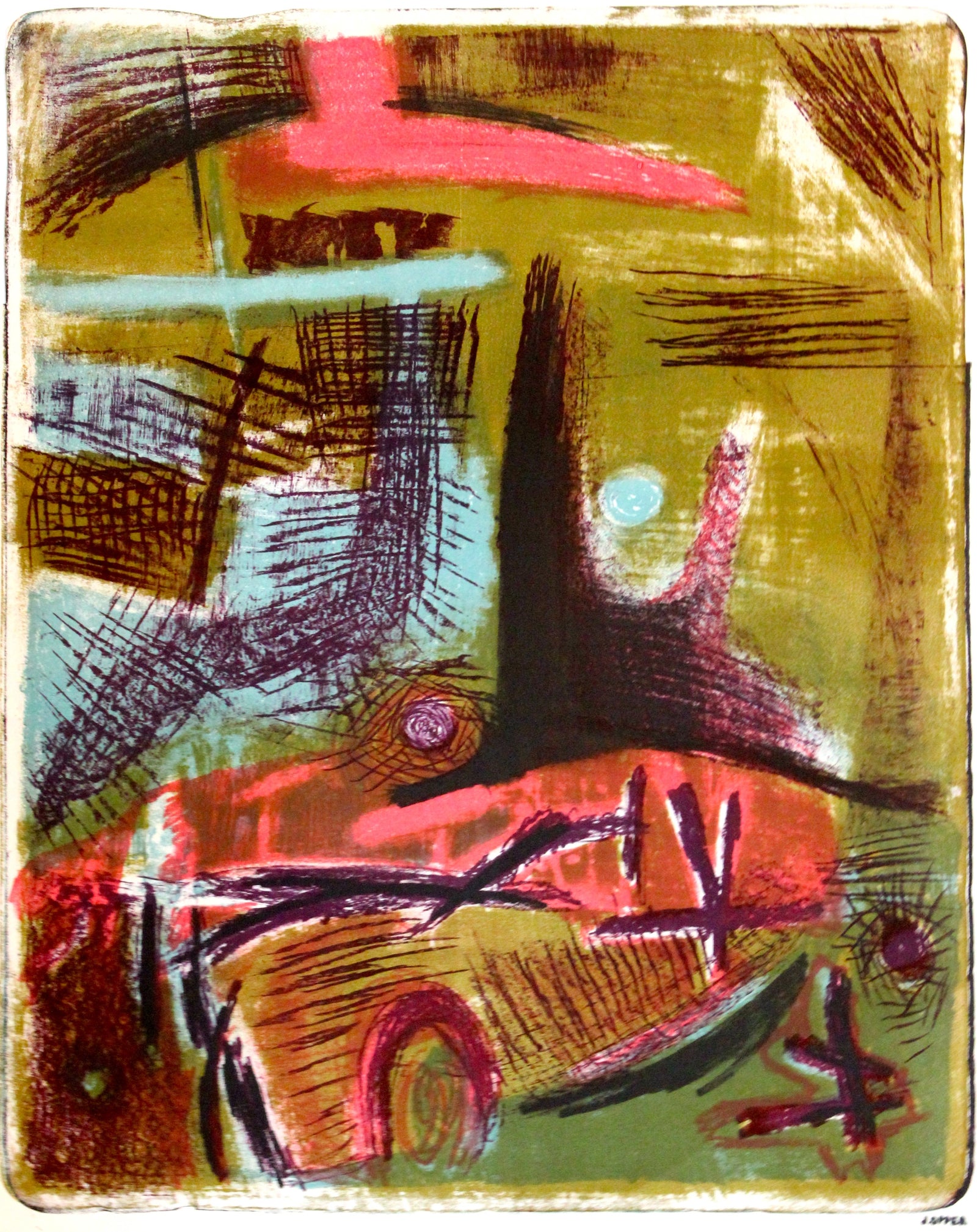 Mid Century Modern Stone Lithograph Abstract<br><br>#41101