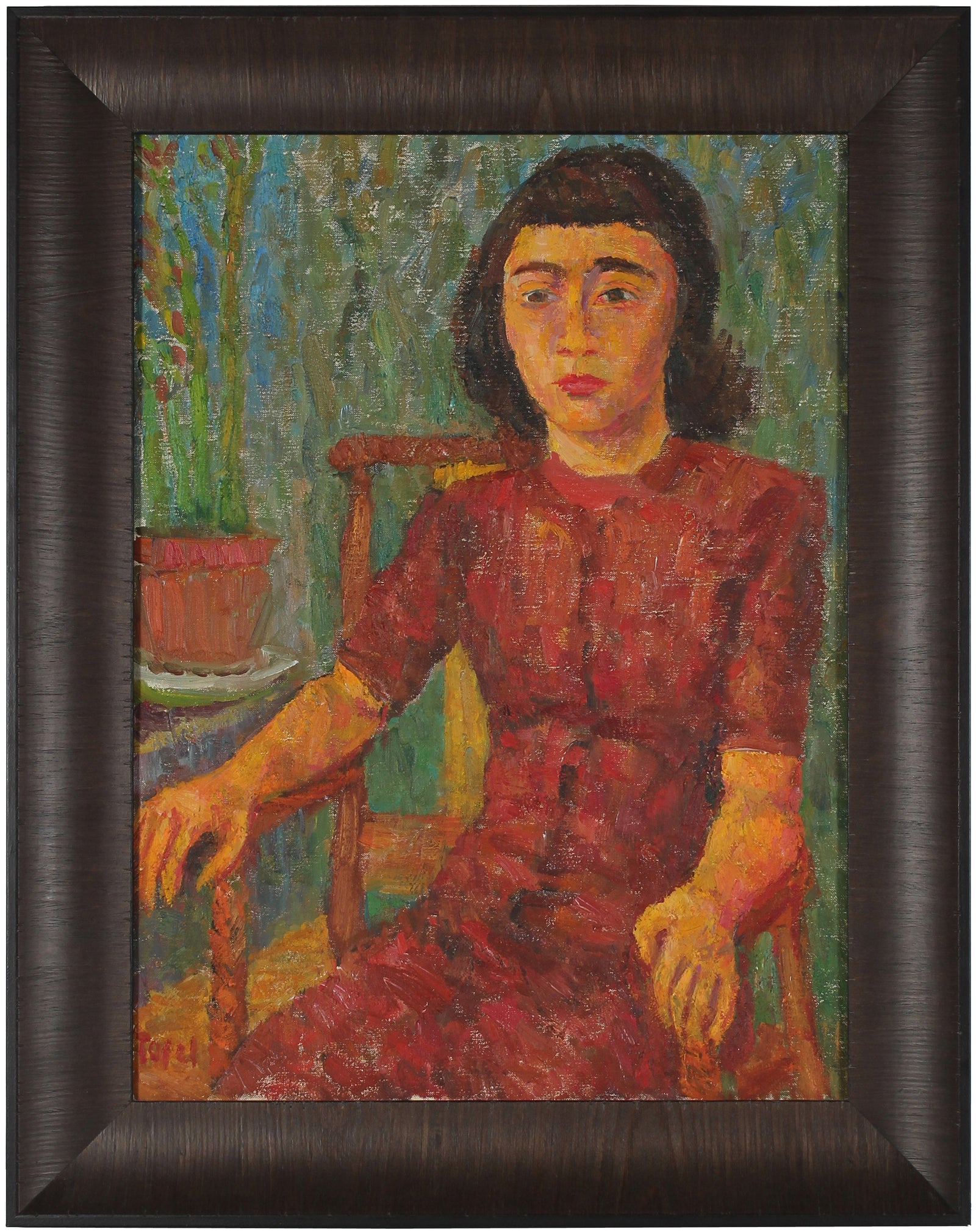 Expressionist Girl in Red <br>1940s Oil <br><br>#13667
