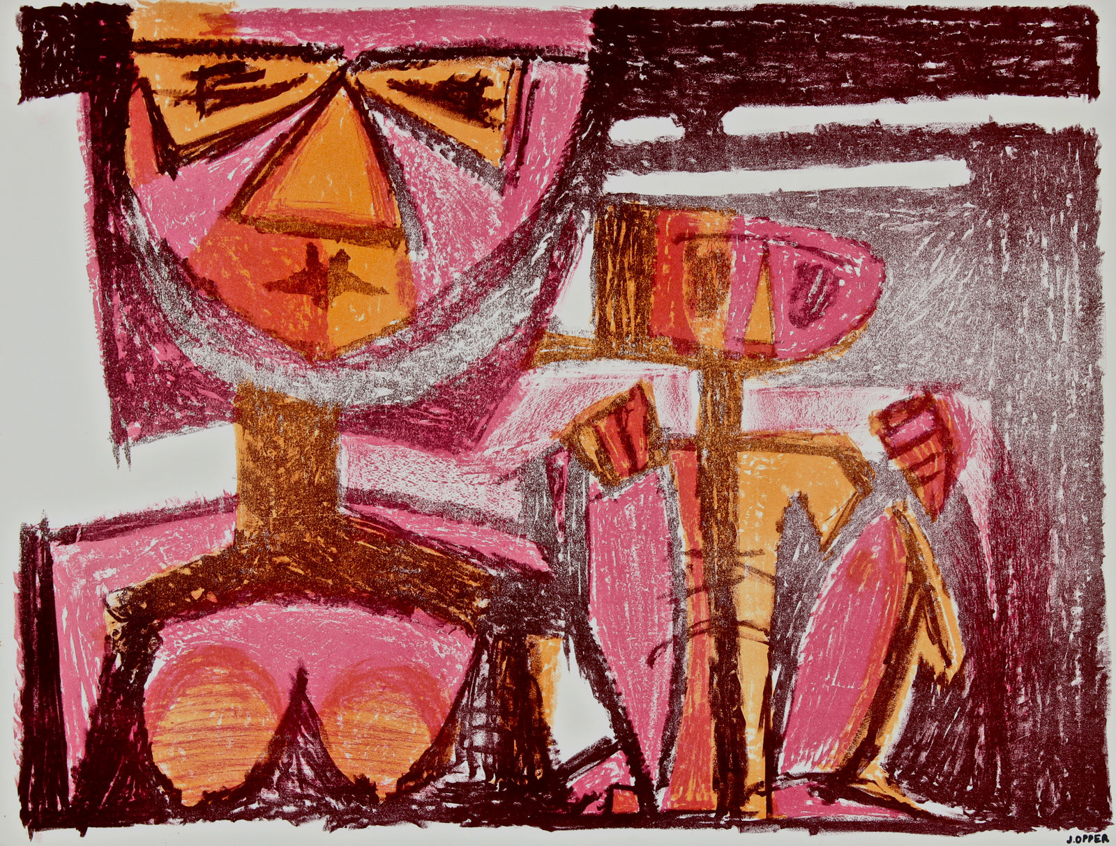 Geometric Modernist Figures <br>1940-50s Stone Lithograph<br><br>#41589