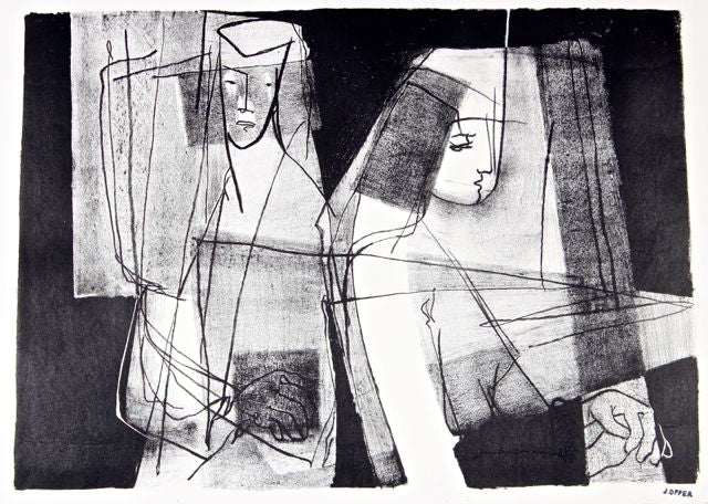Monochromatic Modernist Figures<br>1940-50s Stone Lithograph<br><br>#41594