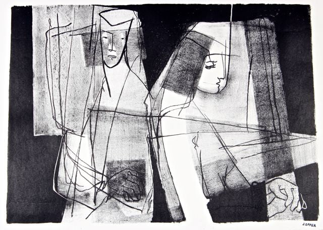 Monochromatic Modernist Figures<br>1940-50s Stone Lithograph<br><br>#41594