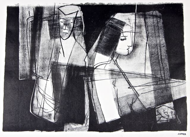 Dramatic Monochromatic Figures <br>1940-50s Stone Lithograph <br><br>#41595