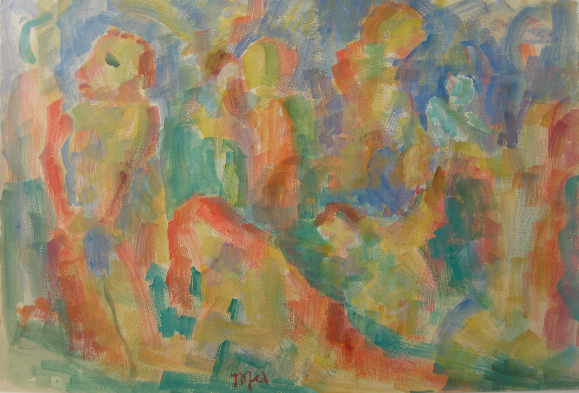 Colorful Expressionist Figure Abstract<br>Early-Mid 20th Century Watercolor<br><br>#14371