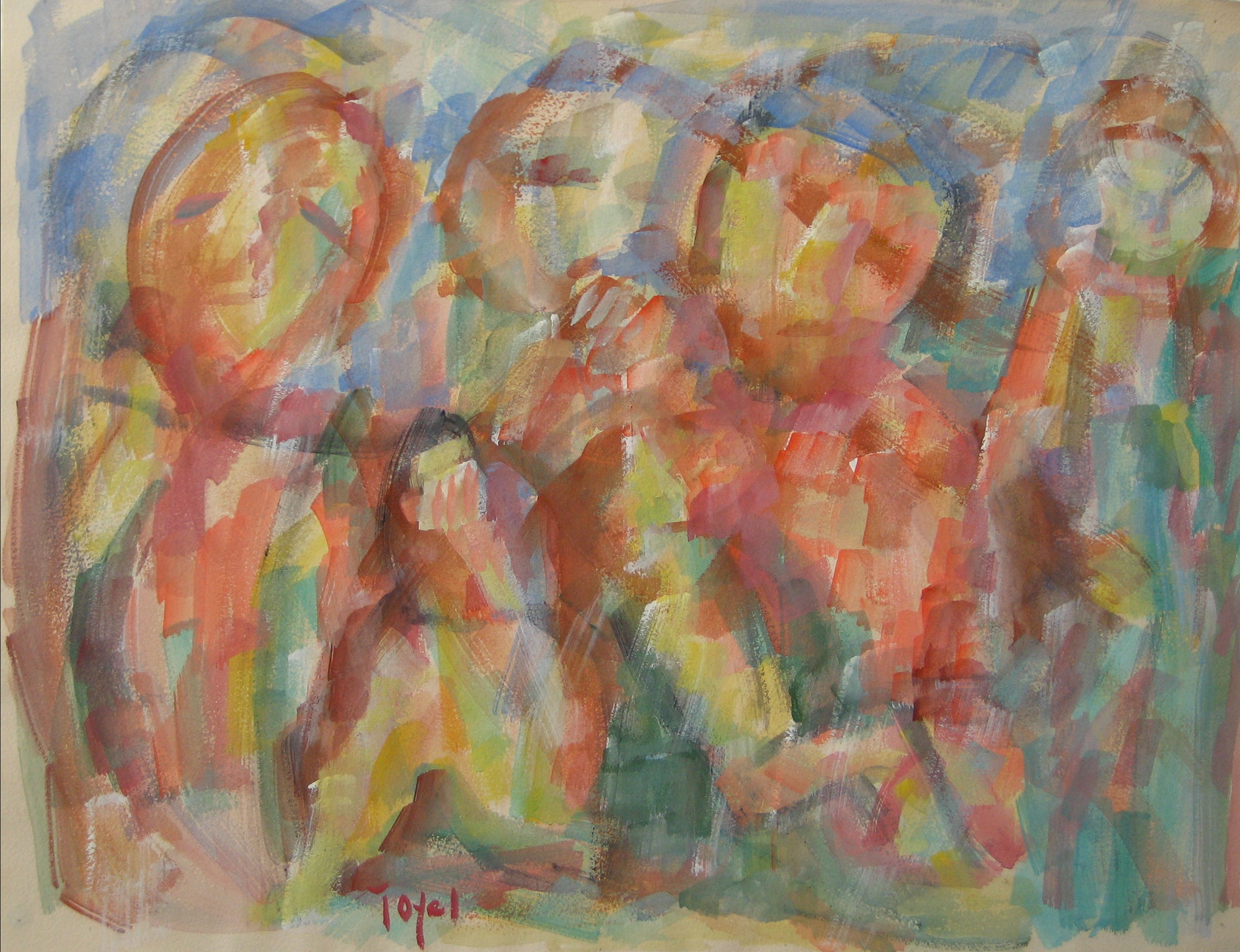 Colorful Expressionist Figure Abstract<br>Early-Mid 20th Century Watercolor<br><br>#14377