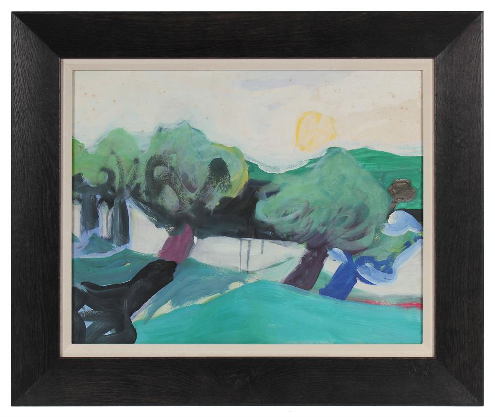 Modernist Landscape with Trees<br>1980s Oil on Paper<br><br>#72057