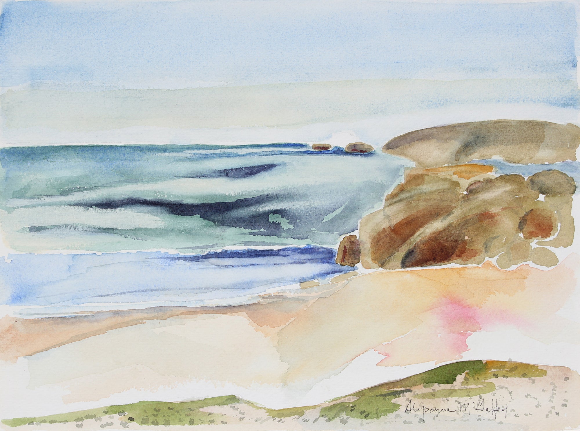 Serene Coast & Bluff <br>20th Century Watercolor <br><br>#43864