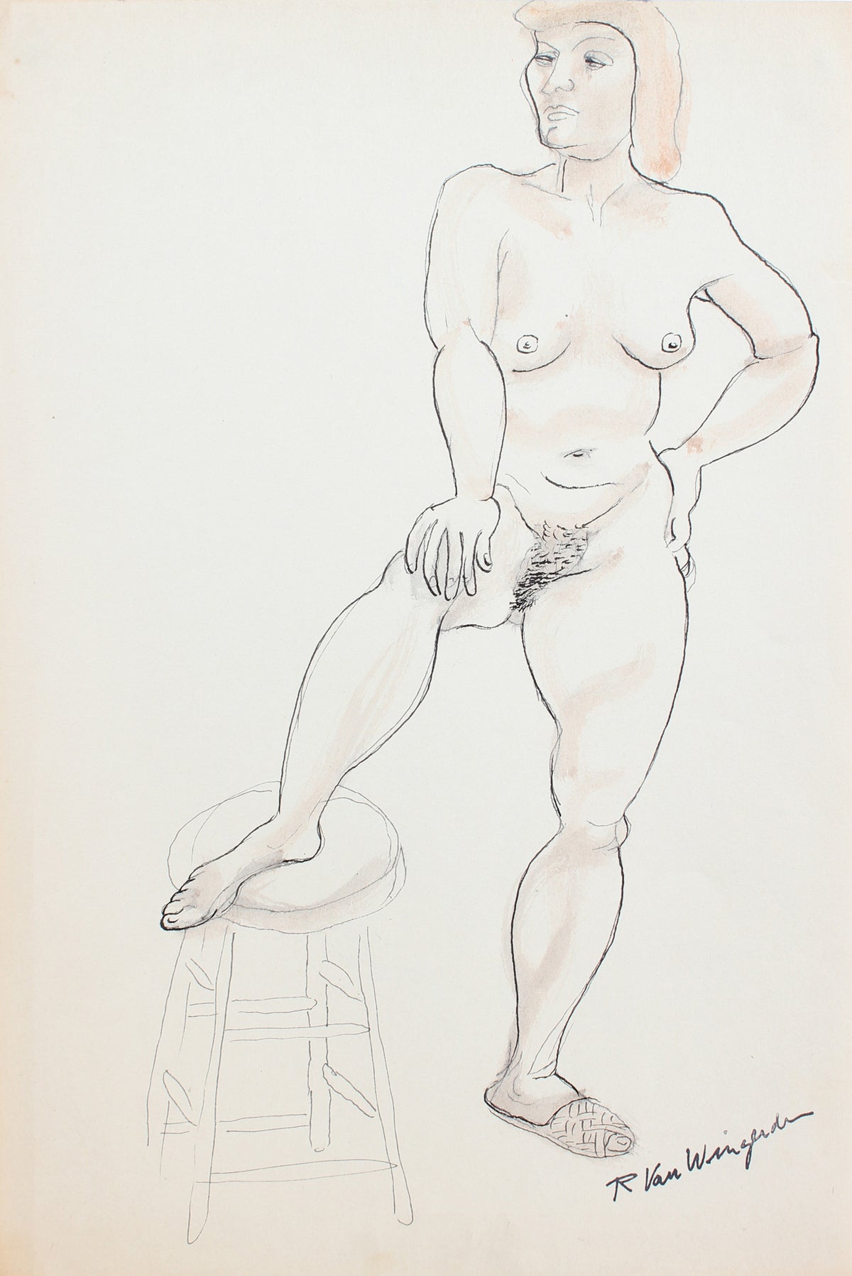 Expressionist Standing Female Nude&lt;br&gt;1940-60s Ink&lt;br&gt;&lt;br&gt;#4487