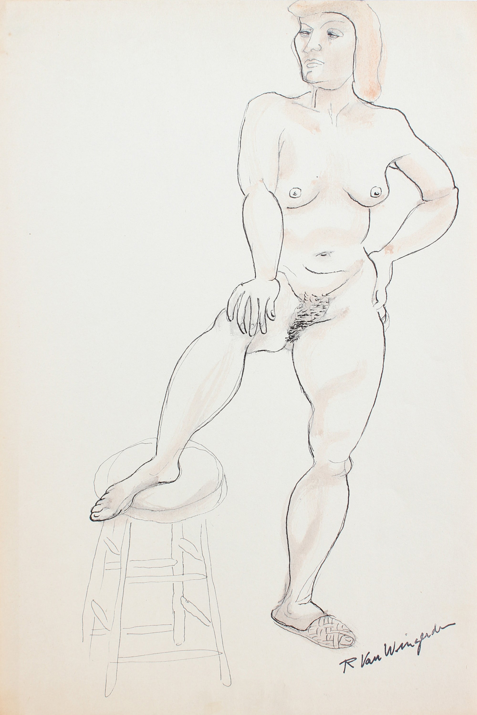 Expressionist Standing Female Nude<br>1940-60s Ink<br><br>#4487