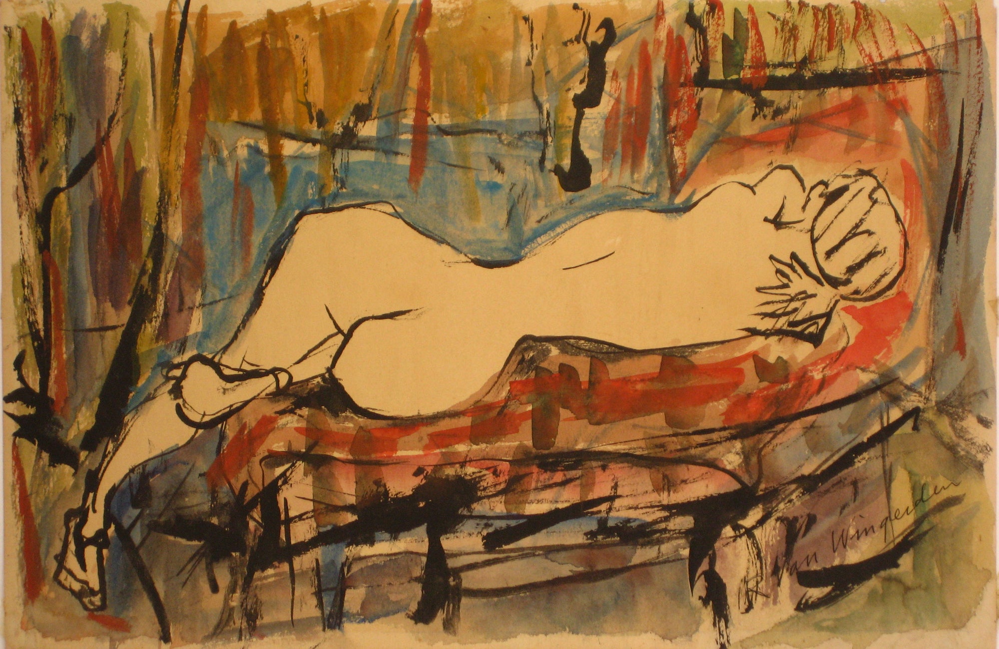 Reclining Nude Figure<br>1940-60s Watercolor<br><br>#4543