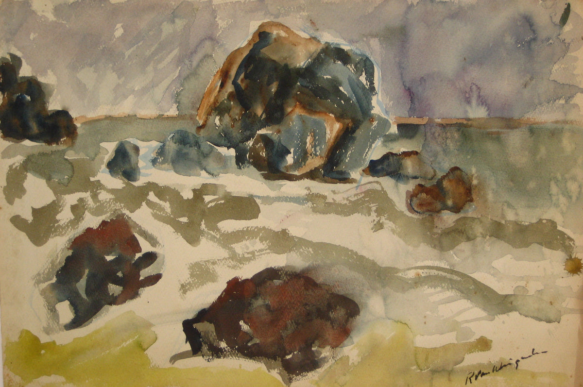 Expressionist Coastal Scene<br>1950-60s Watercolor<br><br>#4618