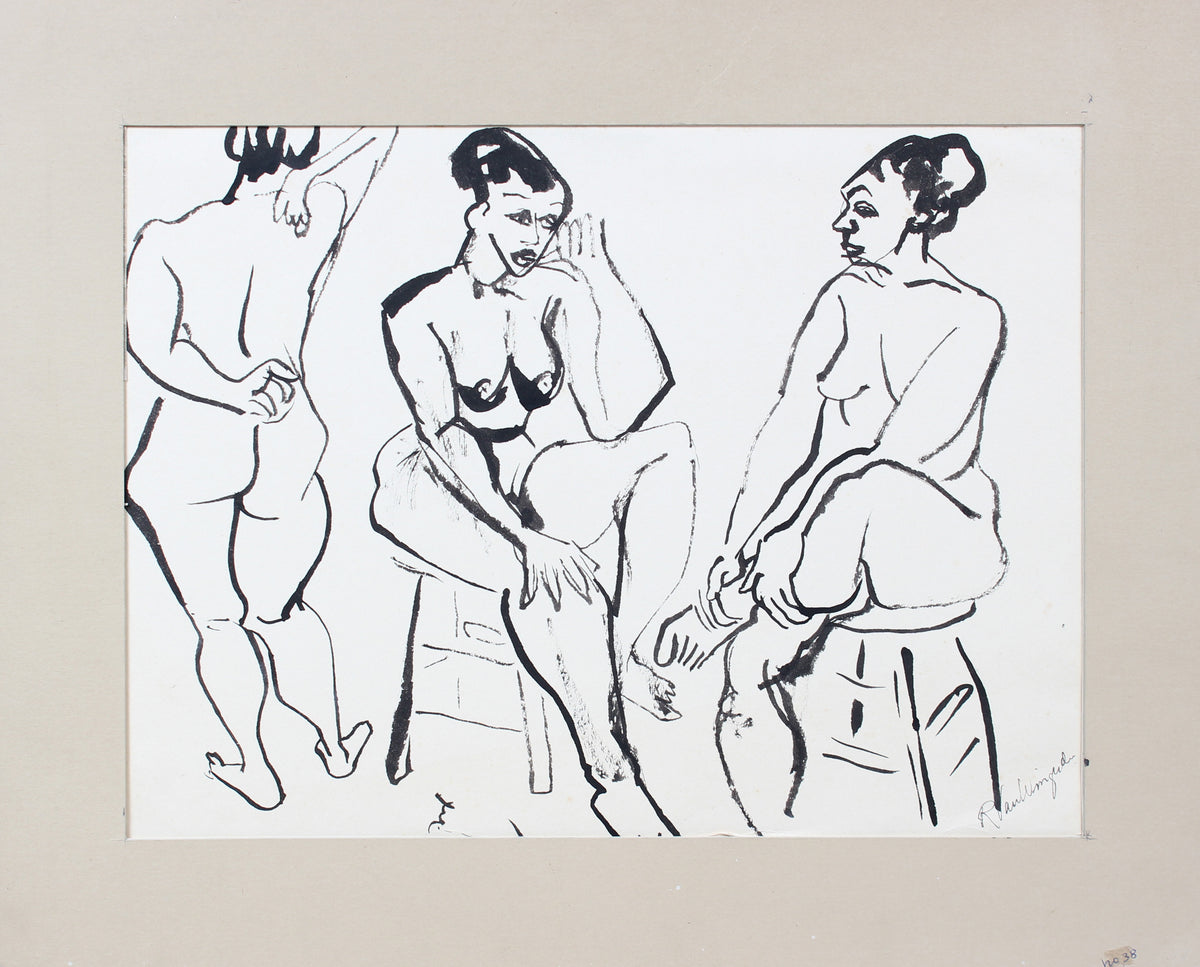 Three Expressionist Seated Nude Figures &lt;br&gt;1940-60s Ink&lt;br&gt;&lt;br&gt;#A5245