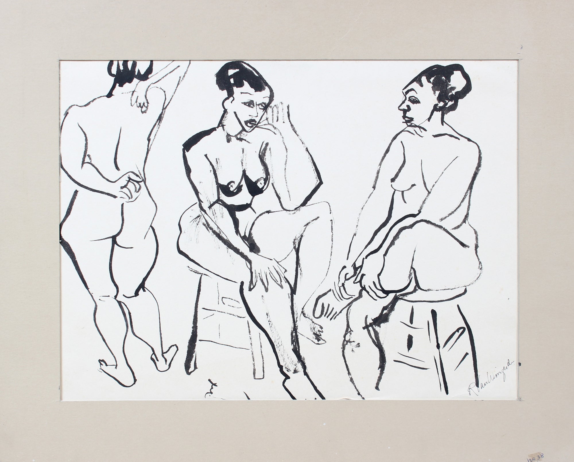 Three Expressionist Seated Nude Figures <br>1940-60s Ink<br><br>#A5245