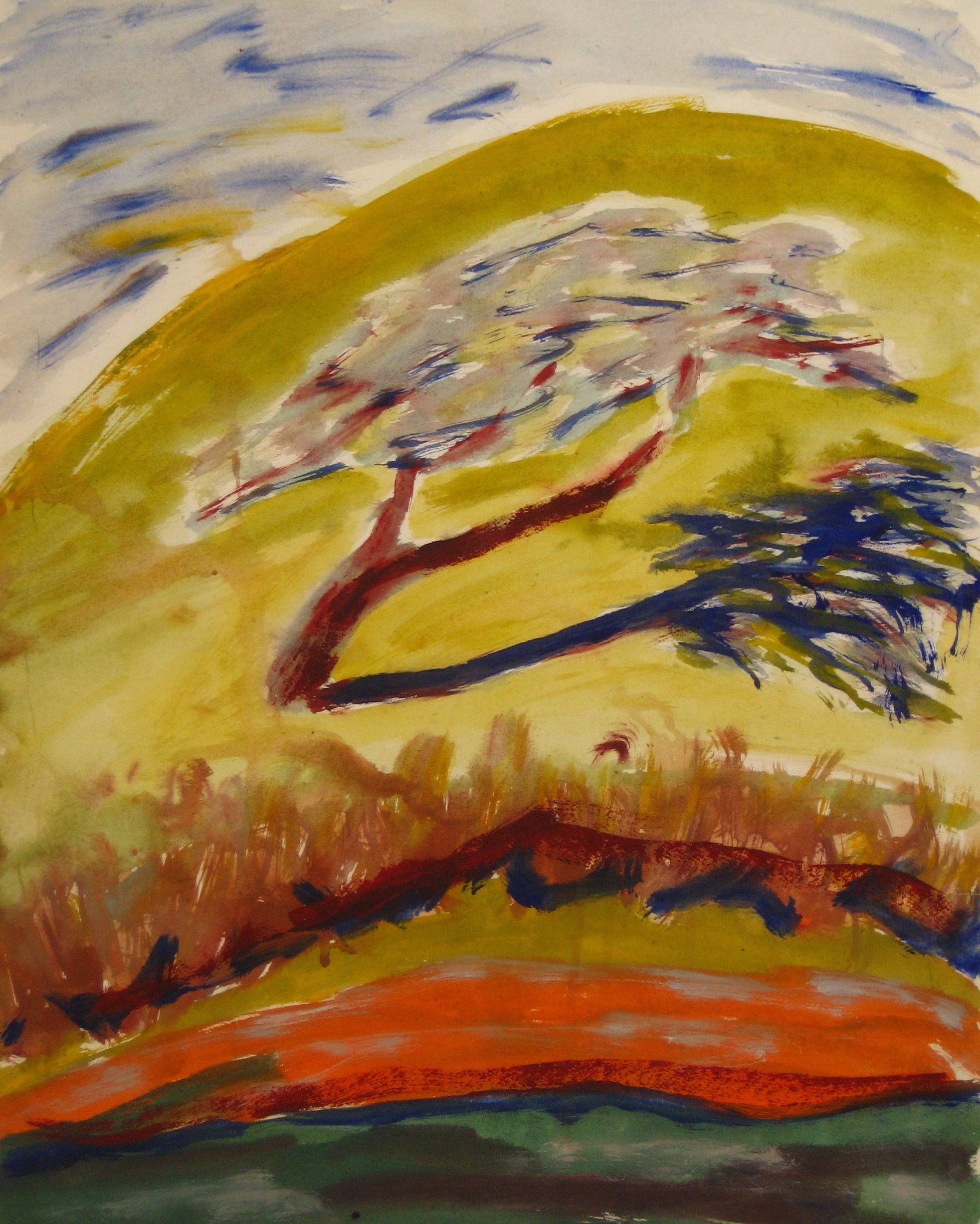Tree on a Hill<br>1940-60s Watercolor<br><br>#4644