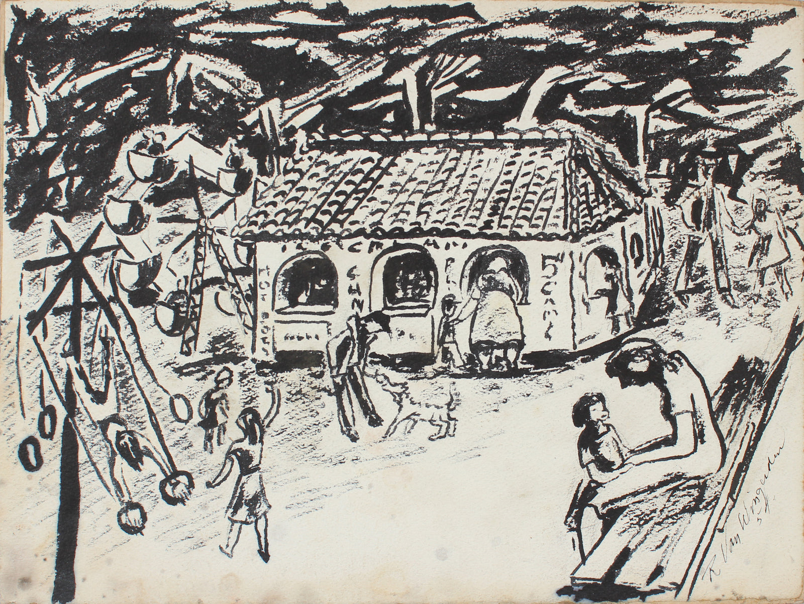 Expressionist Carnival Scene, California<br>1940-50s Ink<br><br>#4662