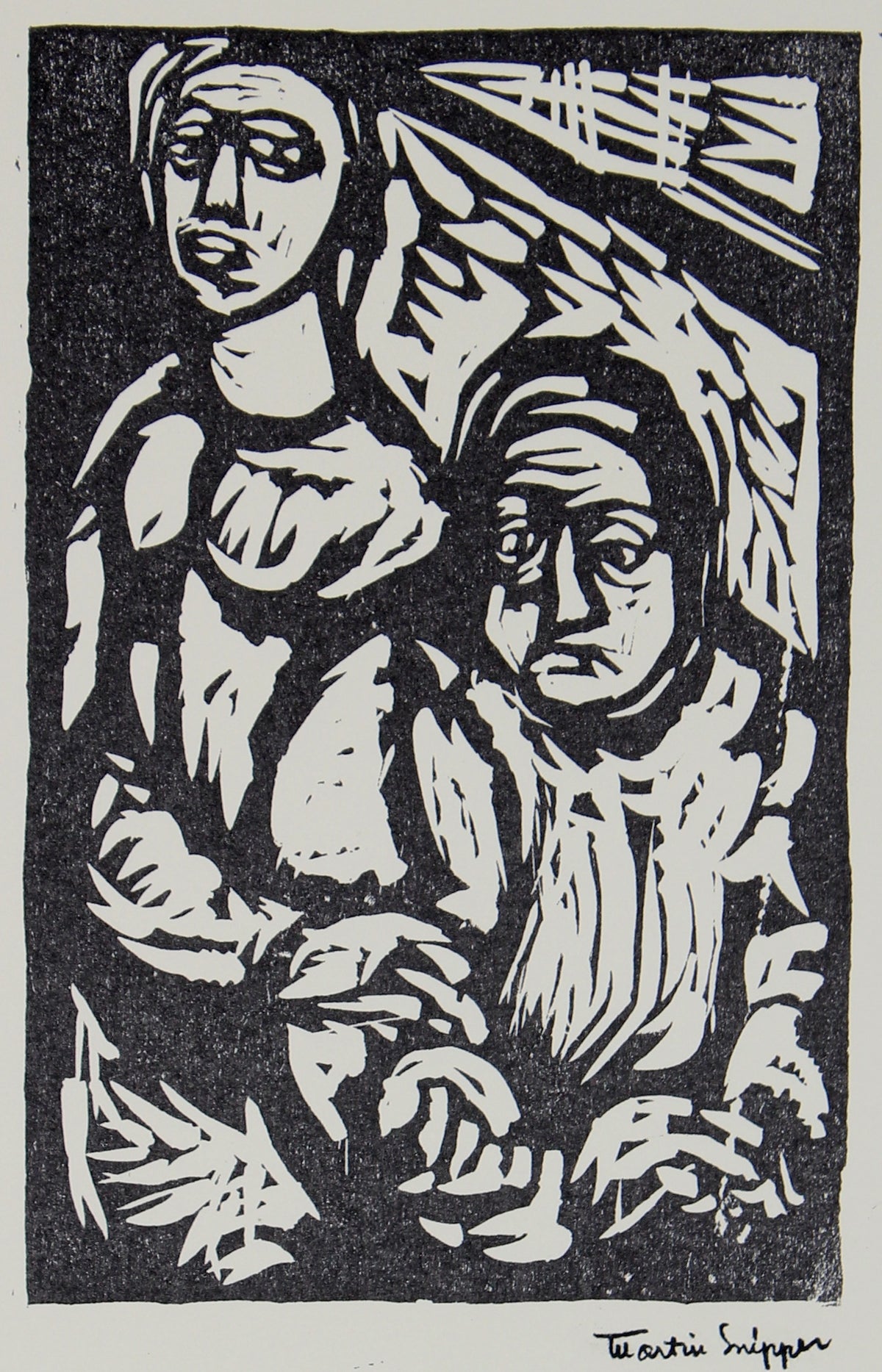 Petite Abstracted Figure Scene &lt;br&gt;Mid 20th Century Linoleum Block Print &lt;br&gt;&lt;br&gt;#48708