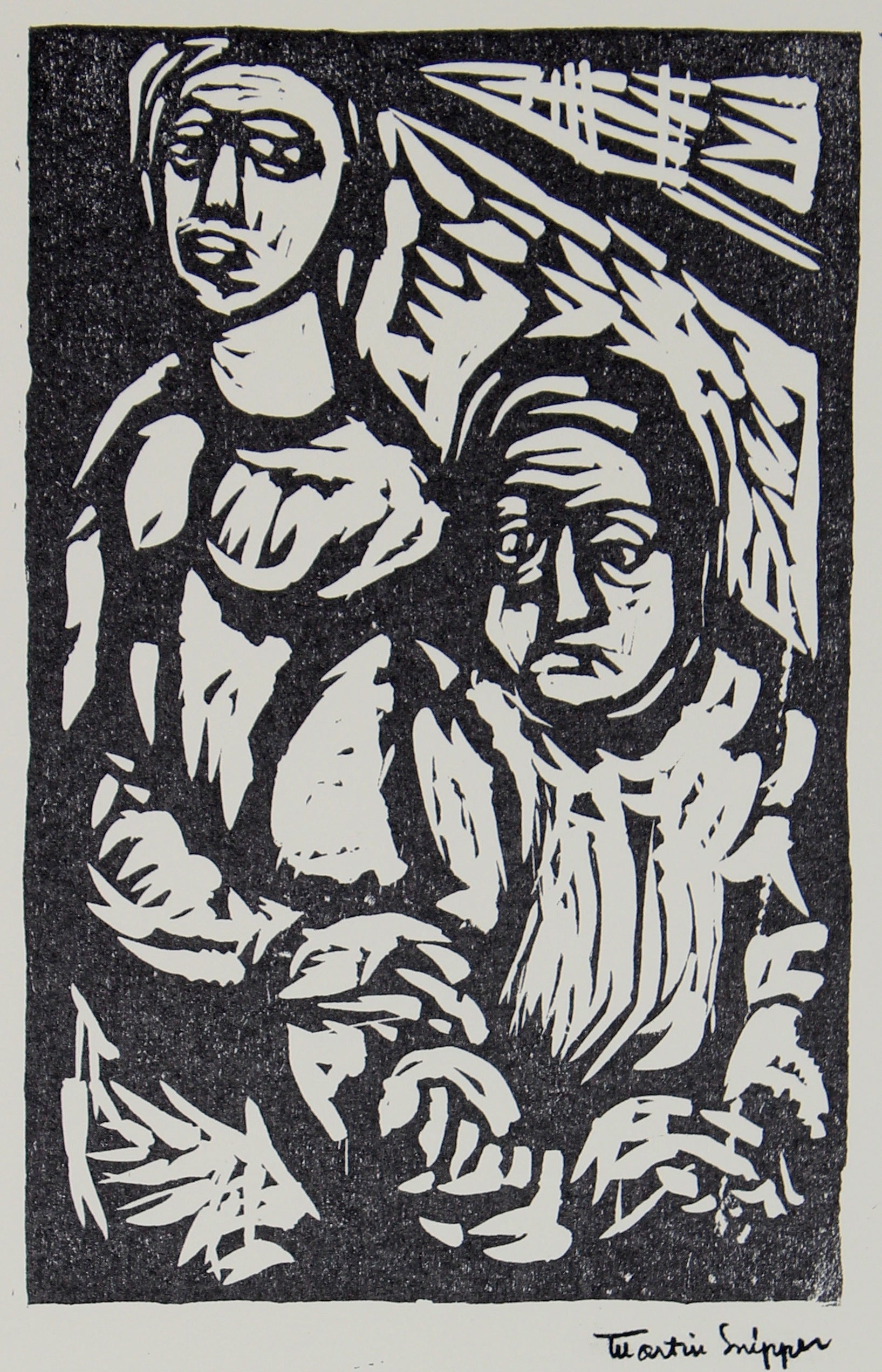 Petite Abstracted Figure Scene <br>Mid 20th Century Linoleum Block Print <br><br>#48708