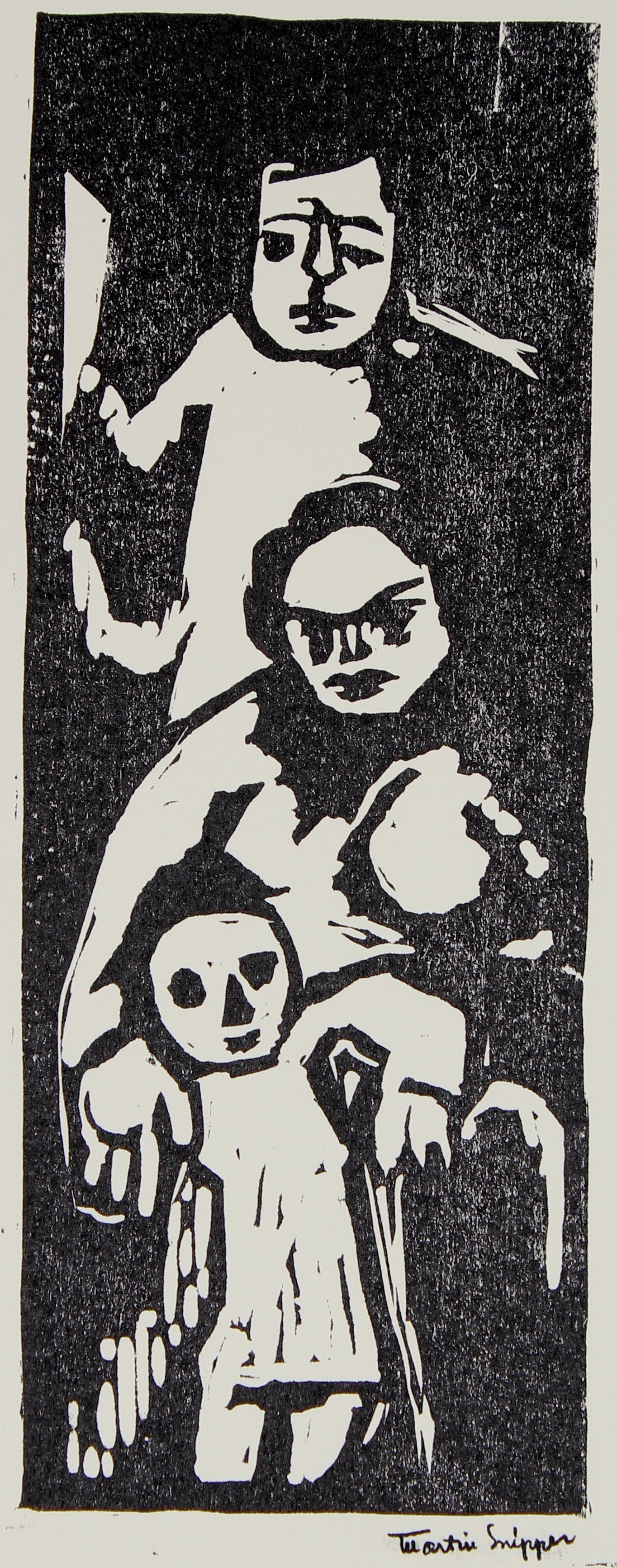 Modern Family <br>Mid 20th Century Linoleum Block Print <br><br>#48732