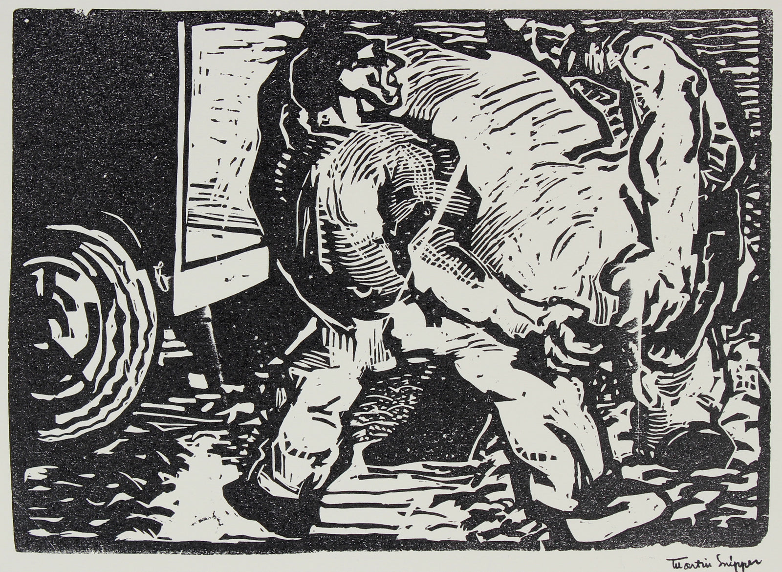 At Work <br>Mid 20th Century Linoleum Block Print <br><br>#48745